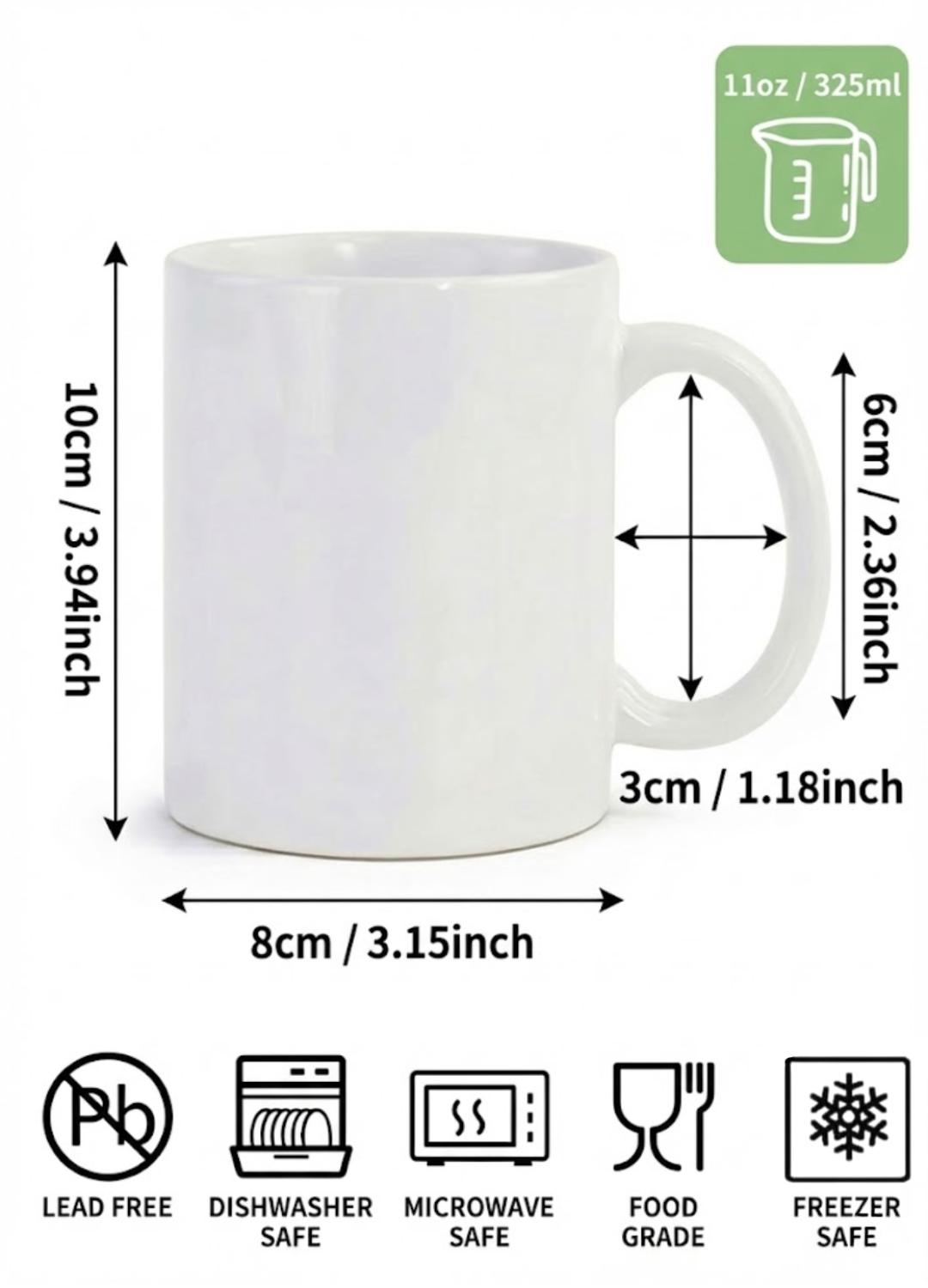 Sublimation Mugs, 11oz White Coffee Cup, Ceramic Machine Washable