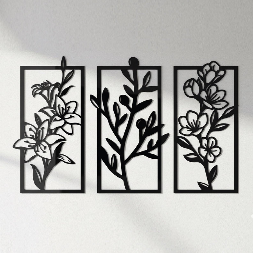 Minimalist Floral Wall Art Set of 3 – Modern Botanical Panel Decor