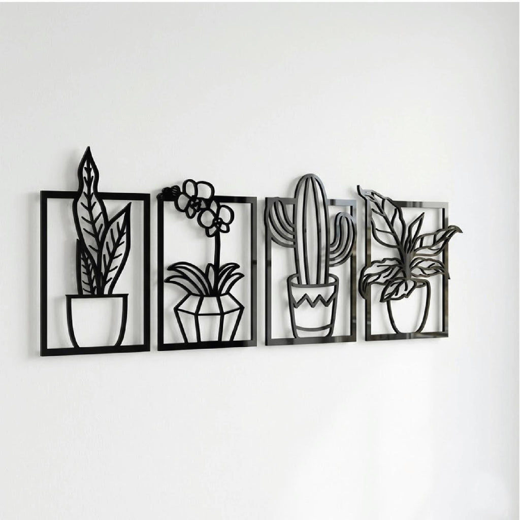 Set of 4 Black Acrylic Potted Plant Wall Art | Modern Botanical Decor