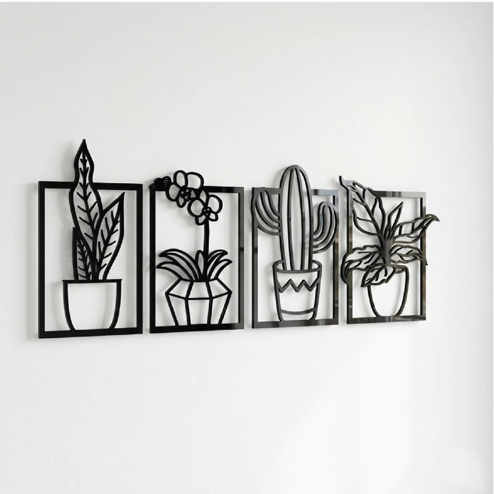 Set of 4 Black Acrylic Potted Plant Wall Art | Modern Botanical Decor