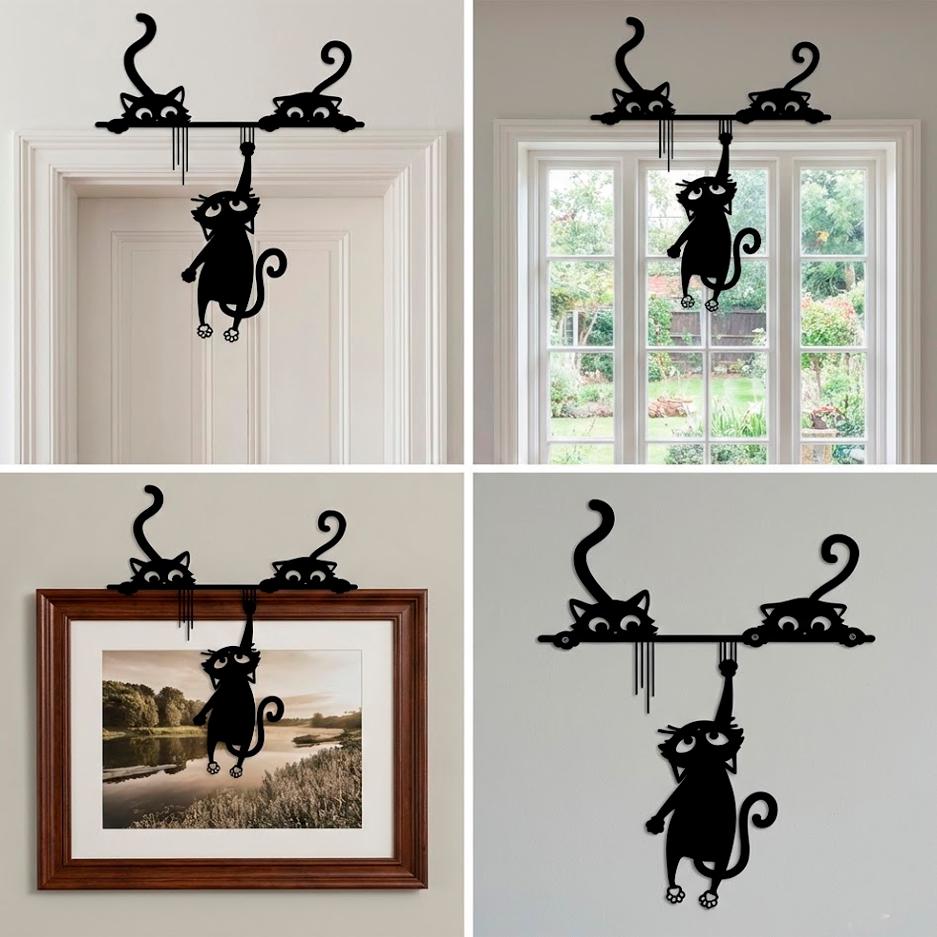 Playful Cats Door Frame Decor – Black Acrylic Wall Art Silhouette