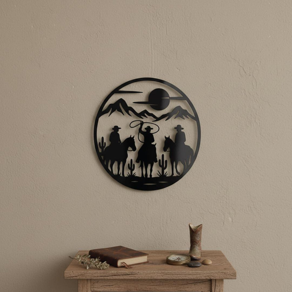 Western Cowboy Wall Art – Desert Silhouette Black Acrylic Decor for Ranch Home