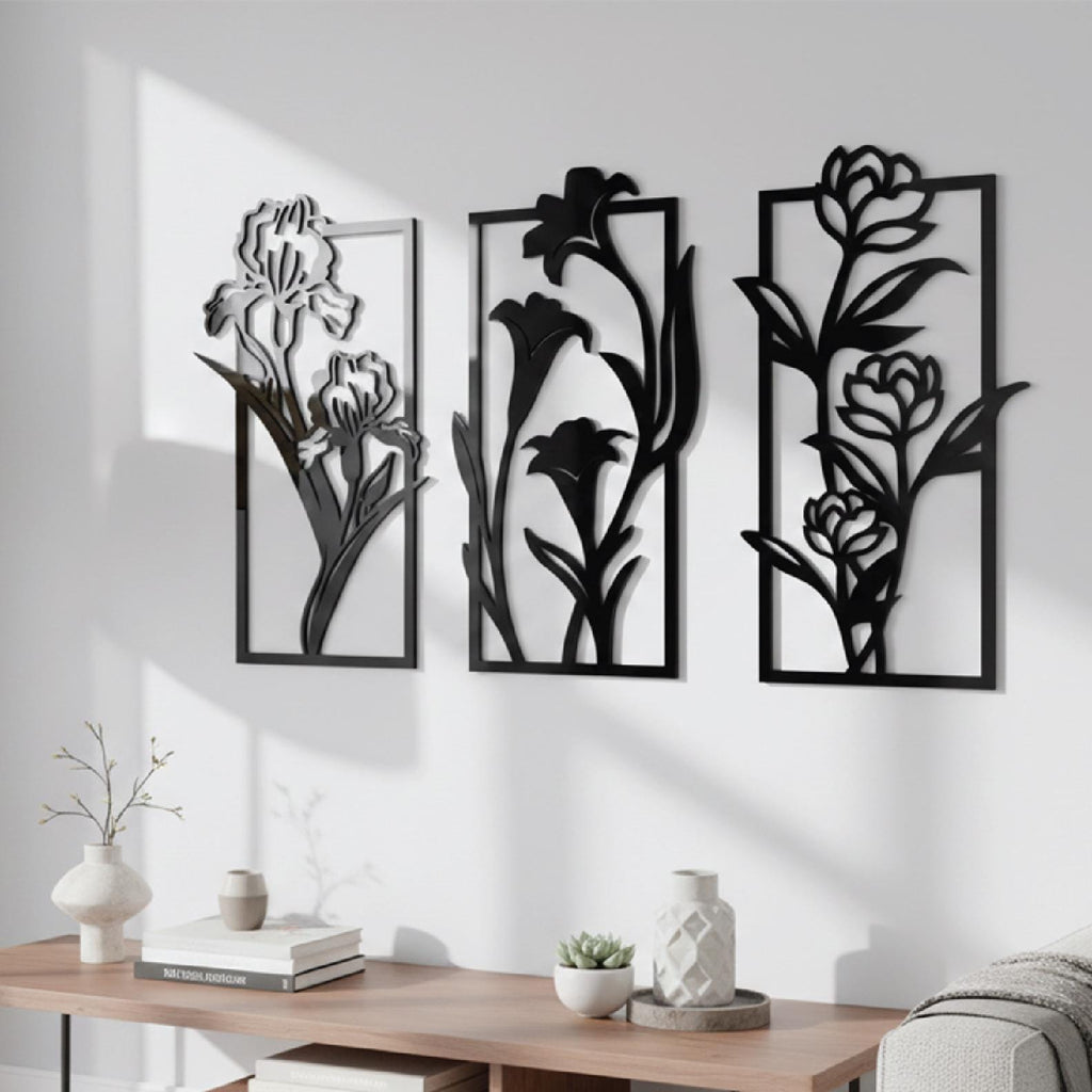 Minimalist Floral Wall Art Set of 3 – Modern Botanical Panel Decor
