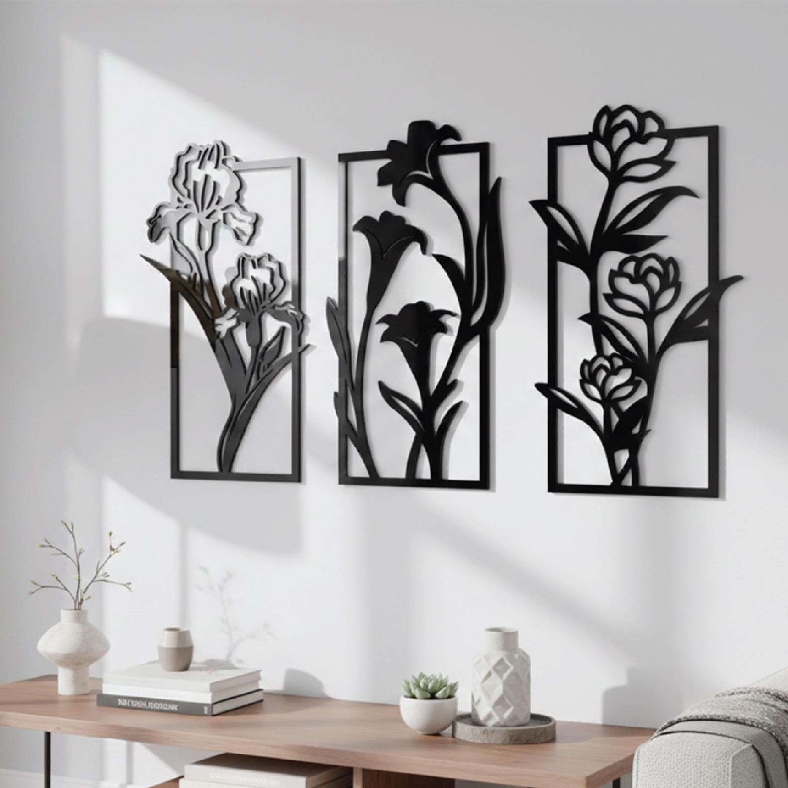 Minimalist Floral Wall Art Set of 3 – Modern Botanical Panel Decor