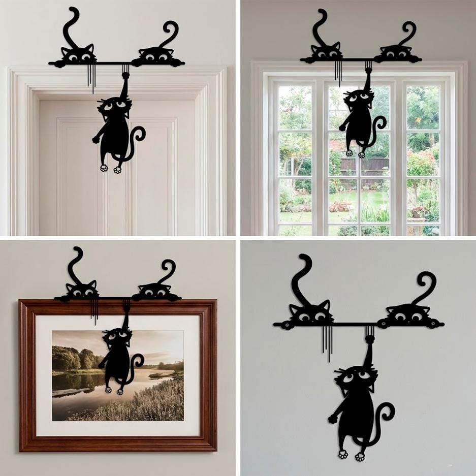Playful Cats Door Frame Decor – Black Acrylic Wall Art Silhouette