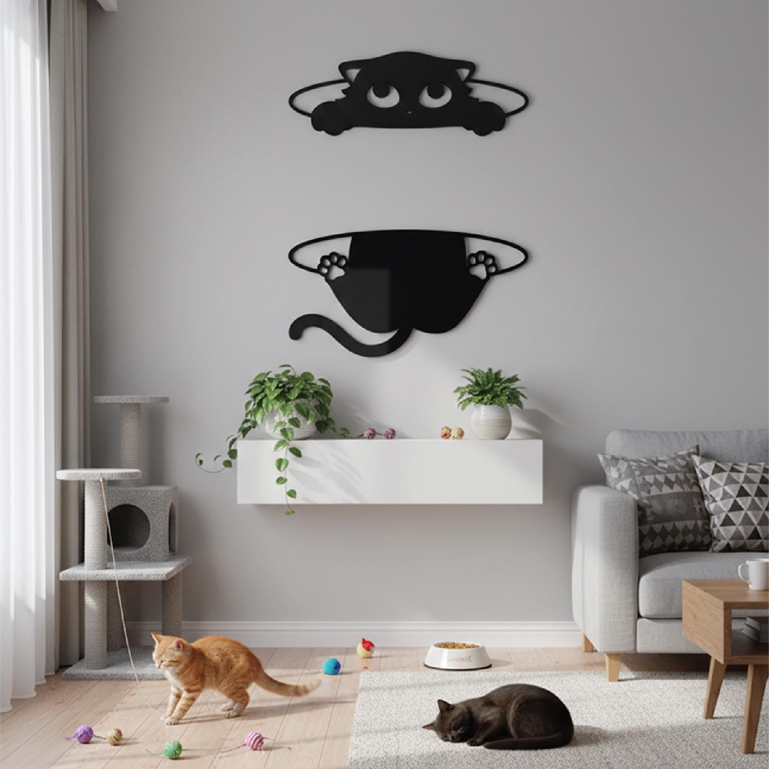 Peeking Cat Wall Art – Funny Black Acrylic Shelf or Frame Decor