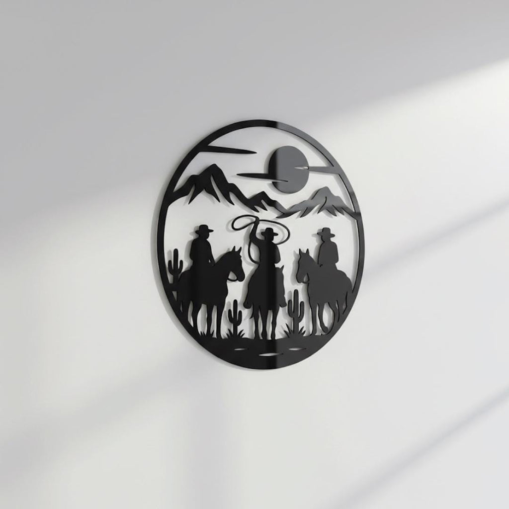 Western Cowboy Wall Art – Desert Silhouette Black Acrylic Decor for Ranch Home