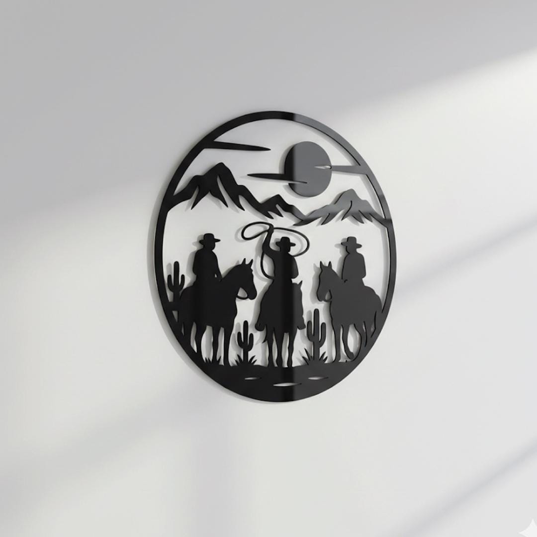 Western Cowboy Wall Art – Desert Silhouette Black Acrylic Decor for Ranch Home