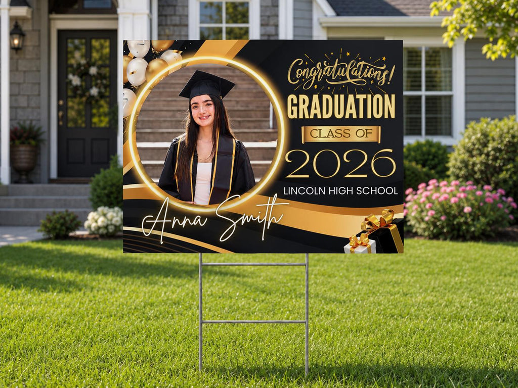 Personalized Graduation Yard Sign | Class of 2026 Black Gold Congrats Lawn Decor