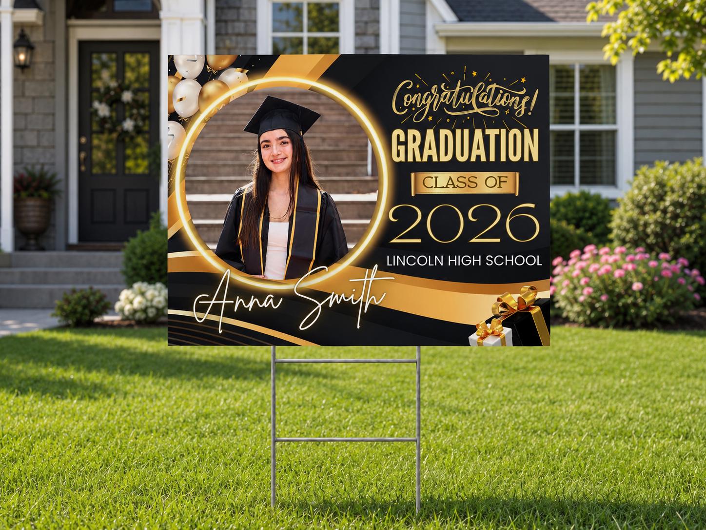 Personalized Graduation Yard Sign | Class of 2026 Black Gold Congrats Lawn Decor