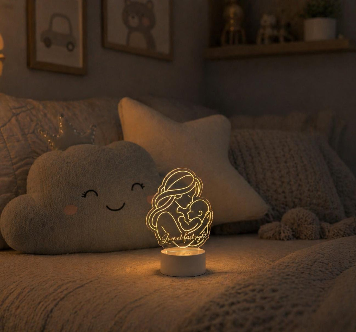Custom Mom and Baby Acrylic Night Light | Personalized Nursery Lamp, Motherhood Gift