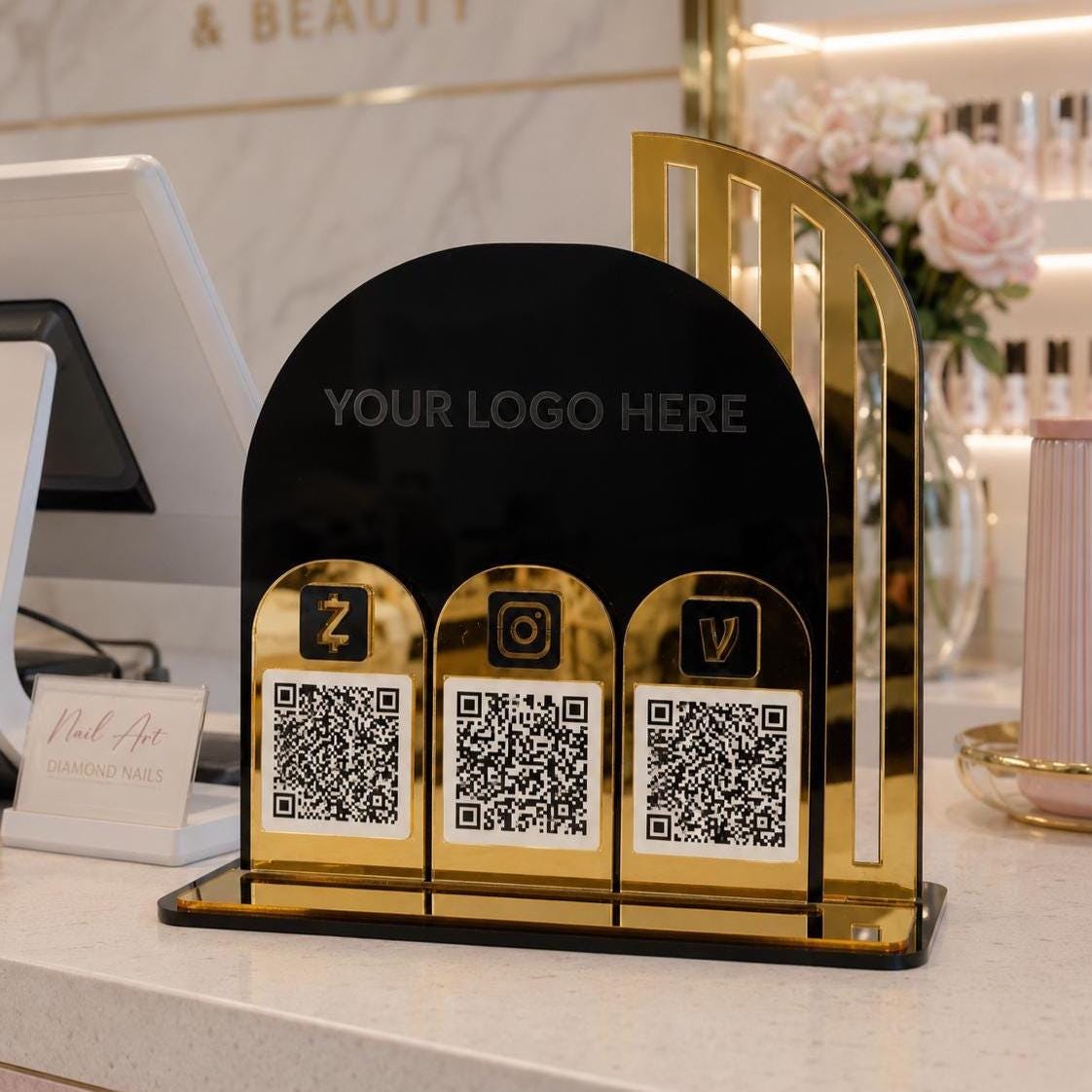 Custom Acrylic QR Code Sign | Gold Mirror Payment Display | Business Stand