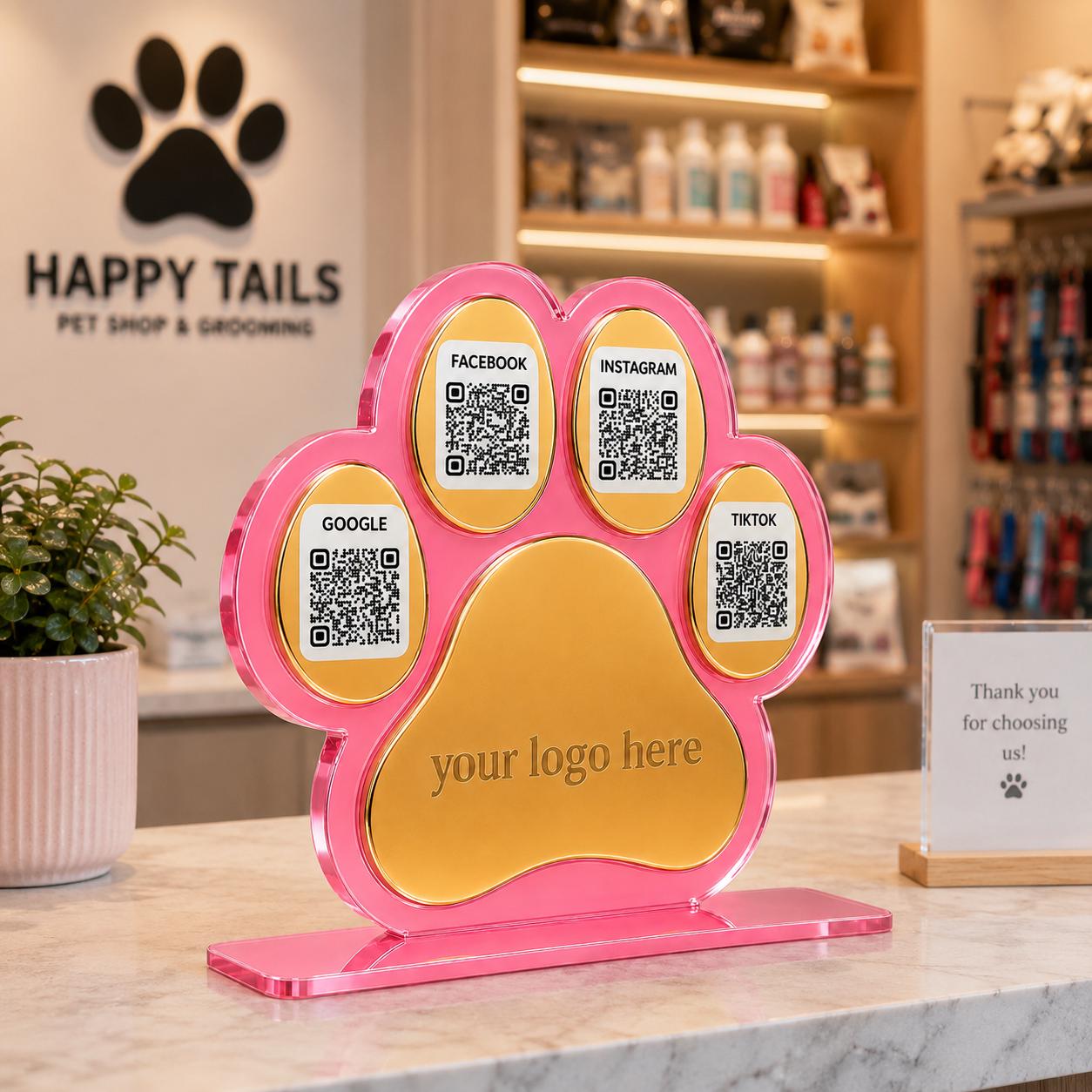 Custom Paw Print QR Code Sign | Pet Business Social Media Display | Acrylic Review Sign | Dog Groomer QR Code Stand | Pet Shop Counter Decor