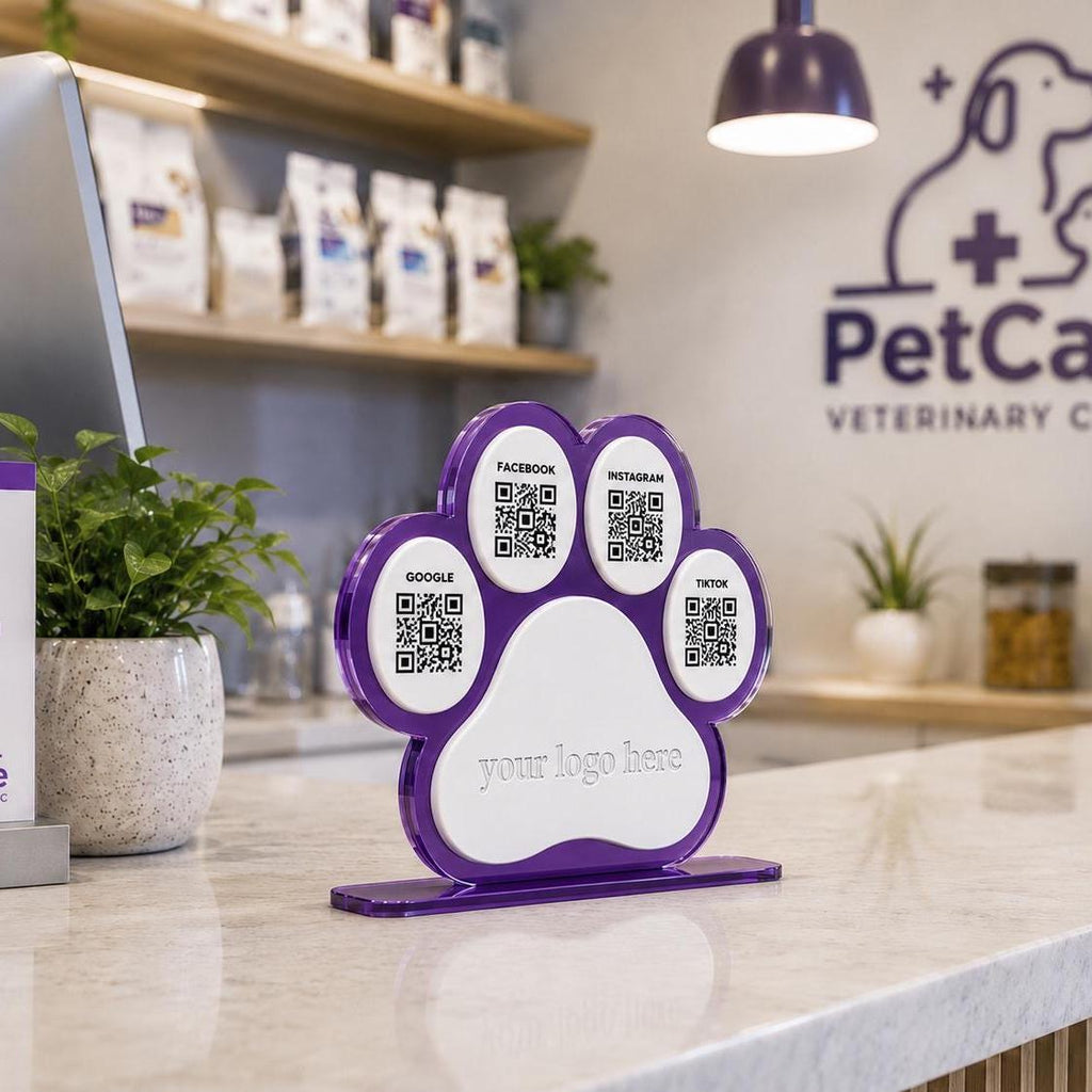 Custom Paw Print QR Code Sign | Pet Business Social Media Display | Acrylic Review Sign | Dog Groomer QR Code Stand | Pet Shop Counter Decor