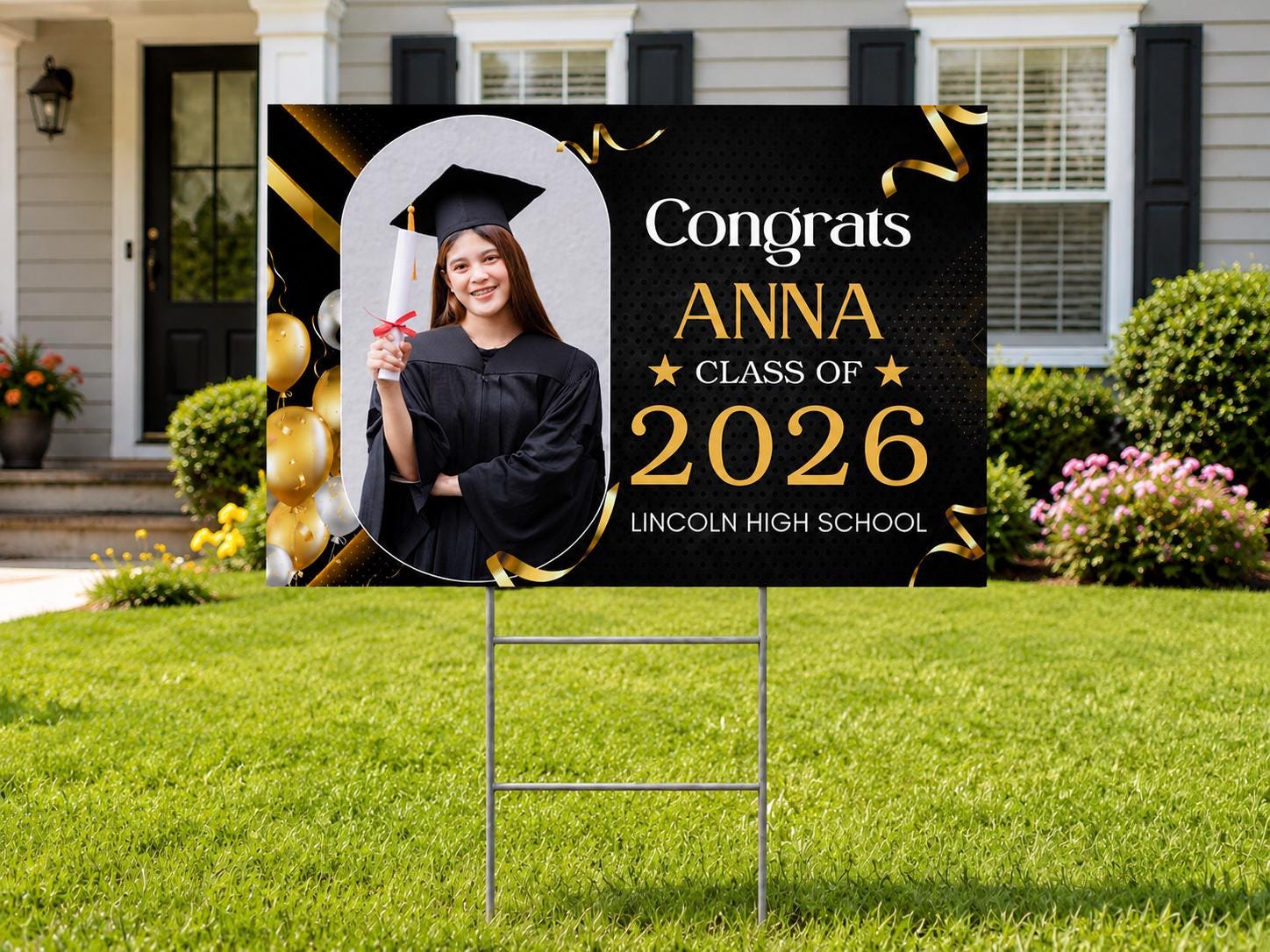 Personalized Graduation Yard Sign | Class of 2026 Black Gold Congrats Lawn Decor