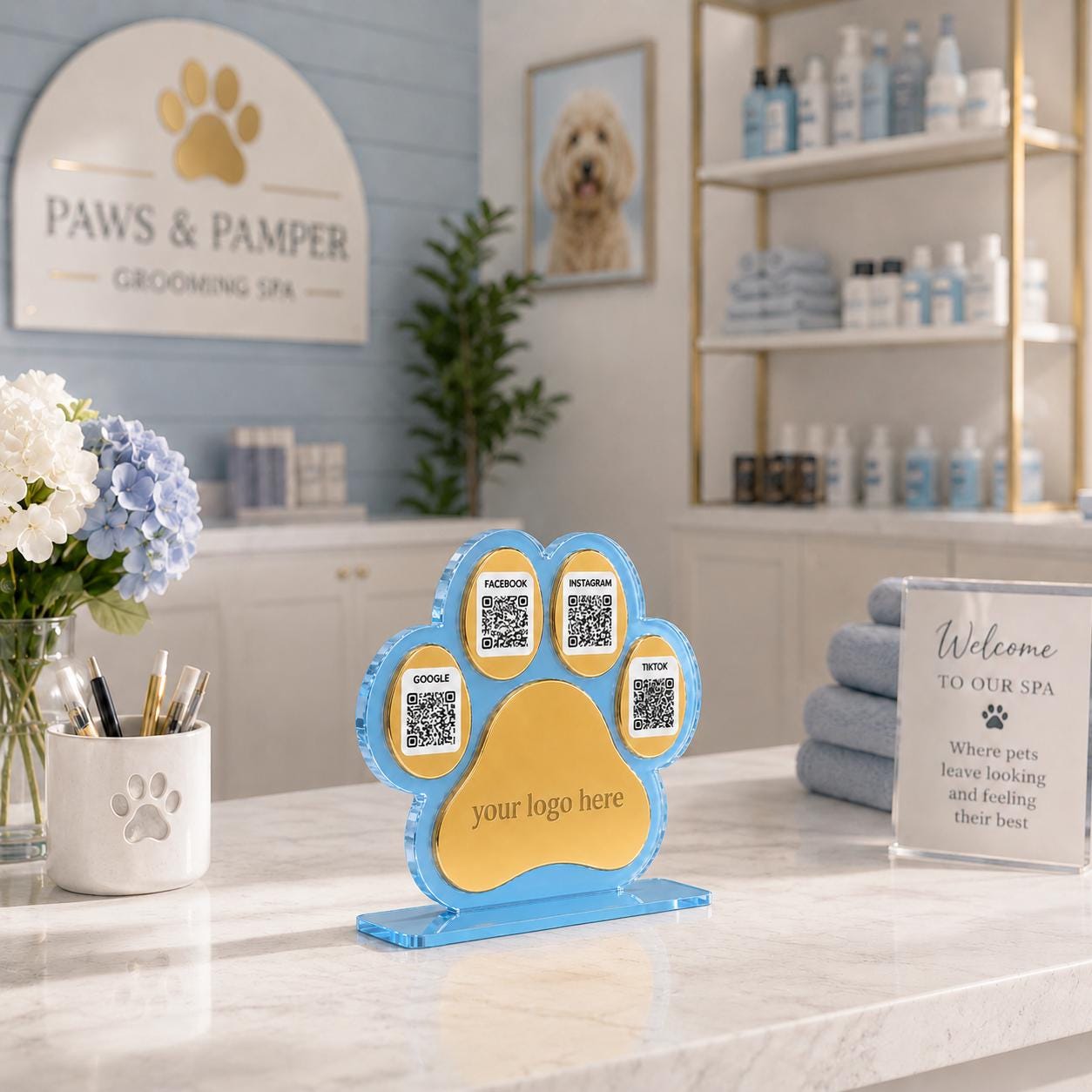 Custom Paw Print QR Code Sign | Pet Business Social Media Display | Acrylic Review Sign | Dog Groomer QR Code Stand | Pet Shop Counter Decor