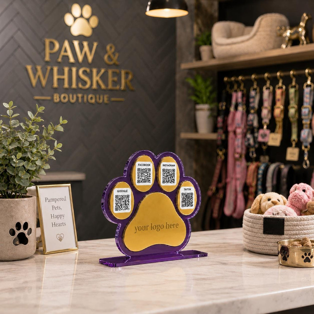 Custom Paw Print QR Code Sign | Pet Business Social Media Display | Acrylic Review Sign | Dog Groomer QR Code Stand | Pet Shop Counter Decor