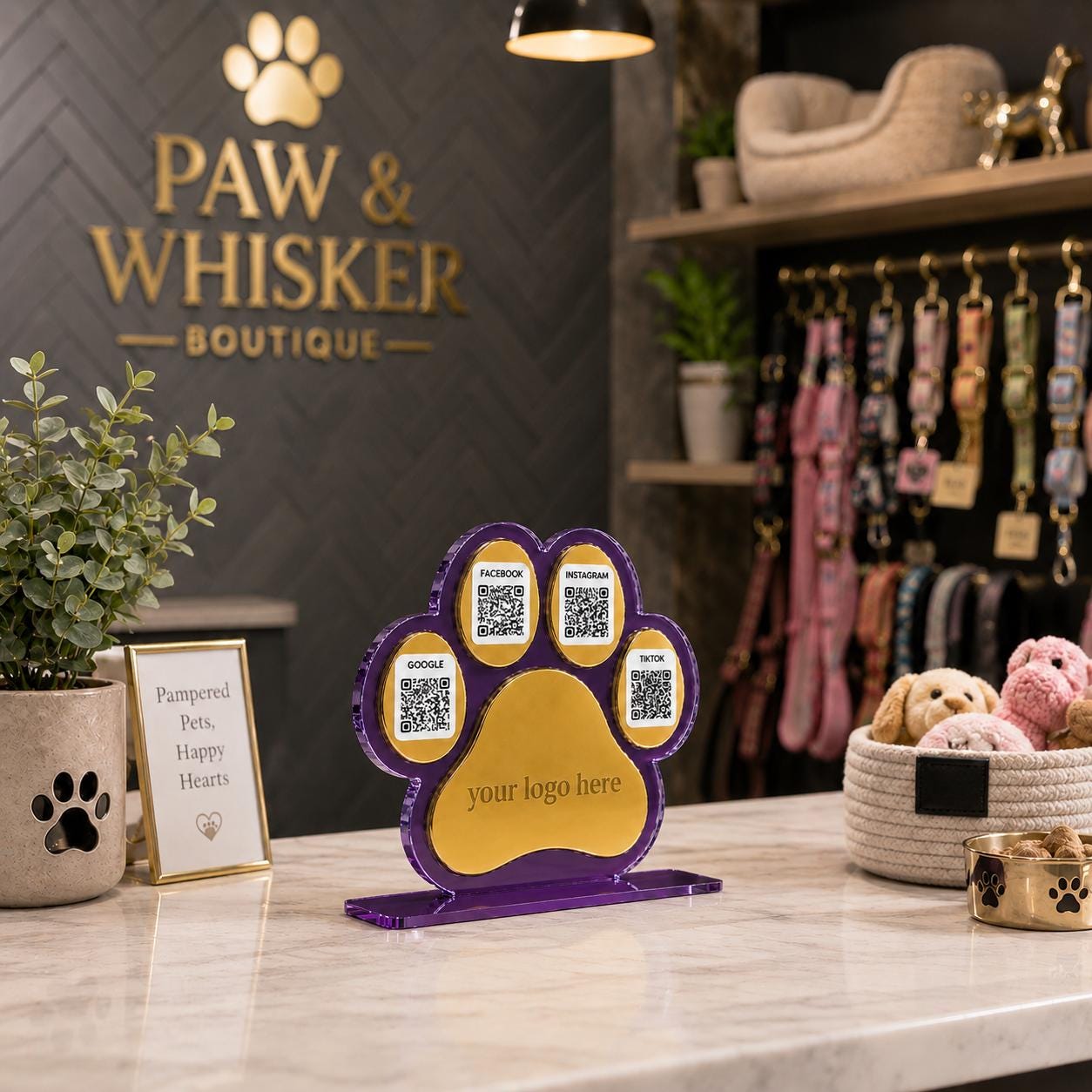 Custom Paw Print QR Code Sign | Pet Business Social Media Display | Acrylic Review Sign | Dog Groomer QR Code Stand | Pet Shop Counter Decor