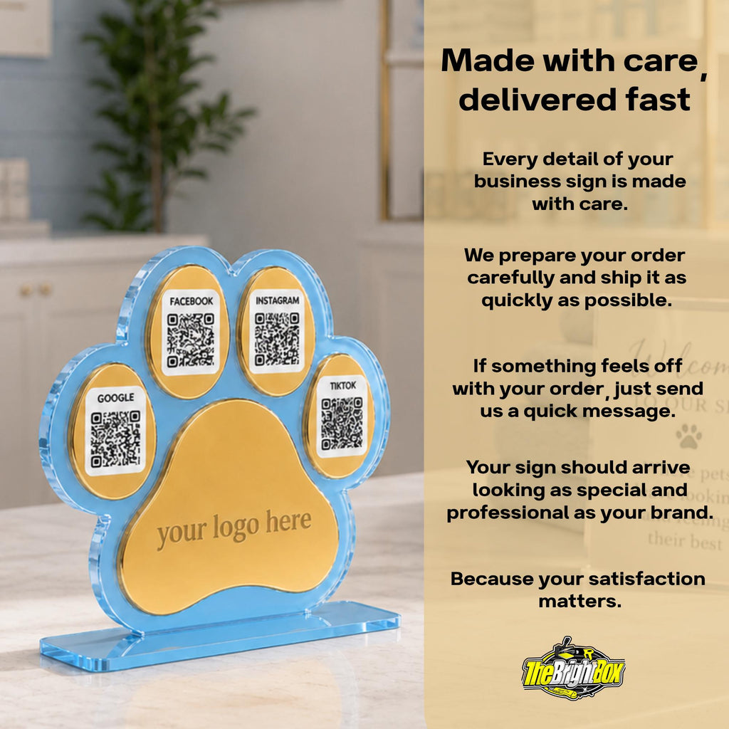 Custom Paw Print QR Code Sign | Pet Business Social Media Display | Acrylic Review Sign | Dog Groomer QR Code Stand | Pet Shop Counter Decor