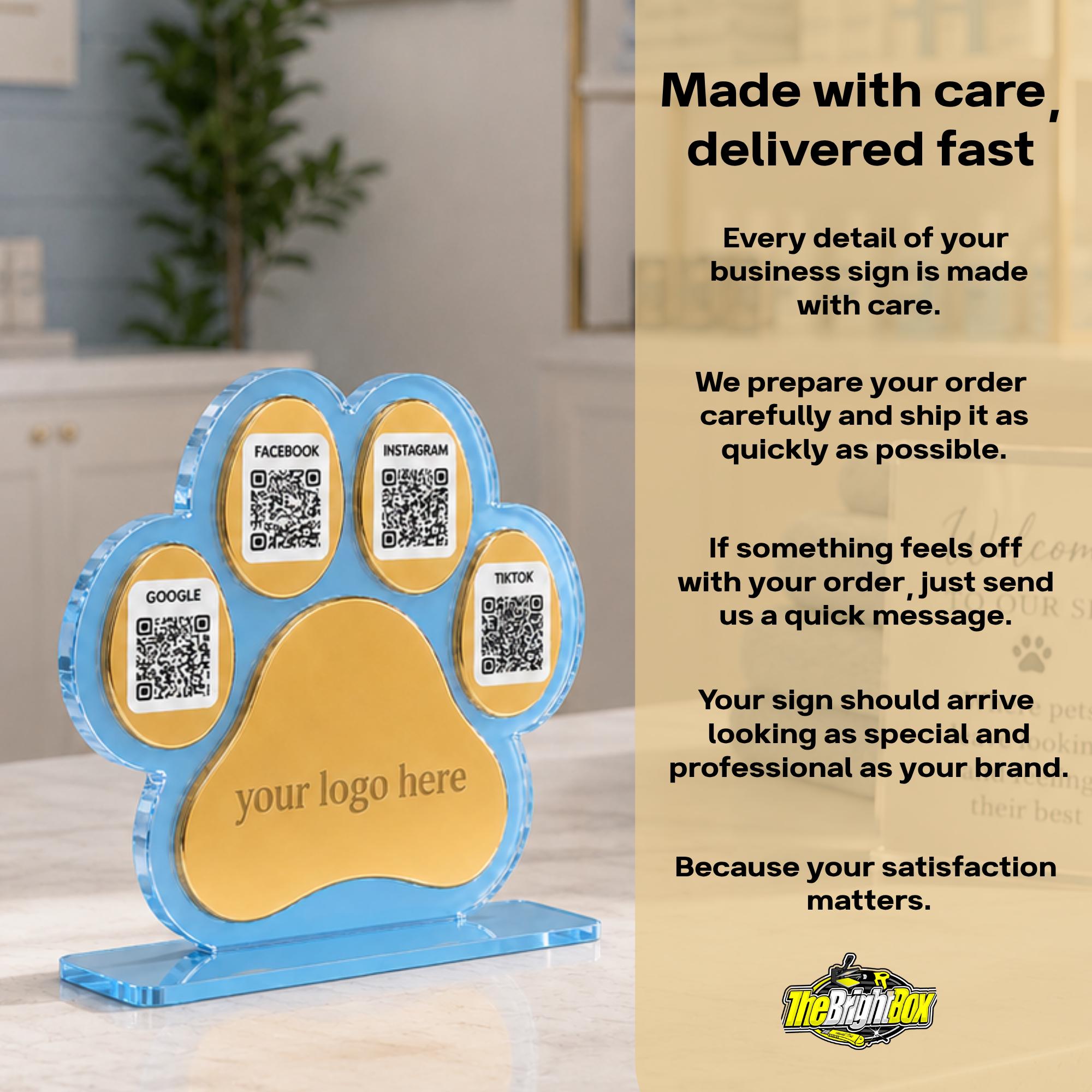 Custom Paw Print QR Code Sign | Pet Business Social Media Display | Acrylic Review Sign | Dog Groomer QR Code Stand | Pet Shop Counter Decor