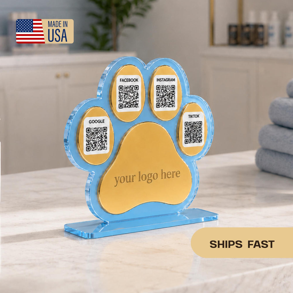 Custom Paw Print QR Code Sign | Pet Business Social Media Display | Acrylic Review Sign | Dog Groomer QR Code Stand | Pet Shop Counter Decor