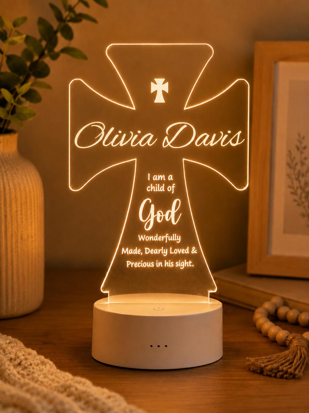Personalized Cross Night Light, Custom Name Baptism Gift, Christian Nursery Decor, Christening Keepsake for Baby Boy or Girl