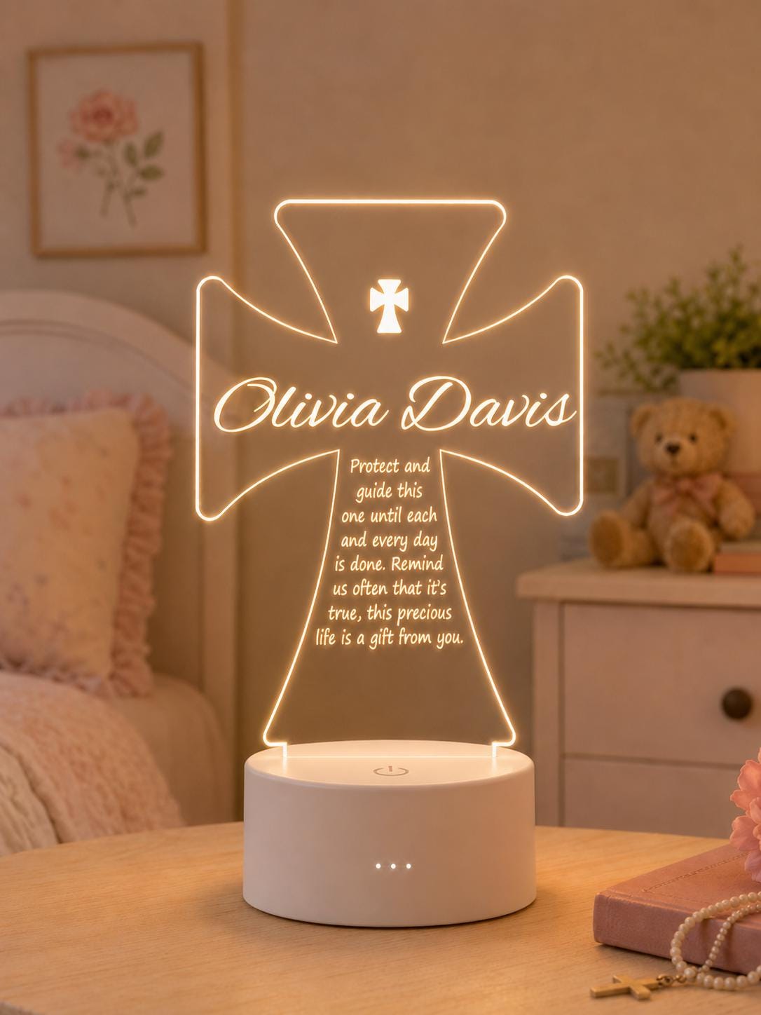 Personalized Cross Night Light, Custom Name Baptism Gift, Christian Nursery Decor, Christening Keepsake for Baby Boy or Girl
