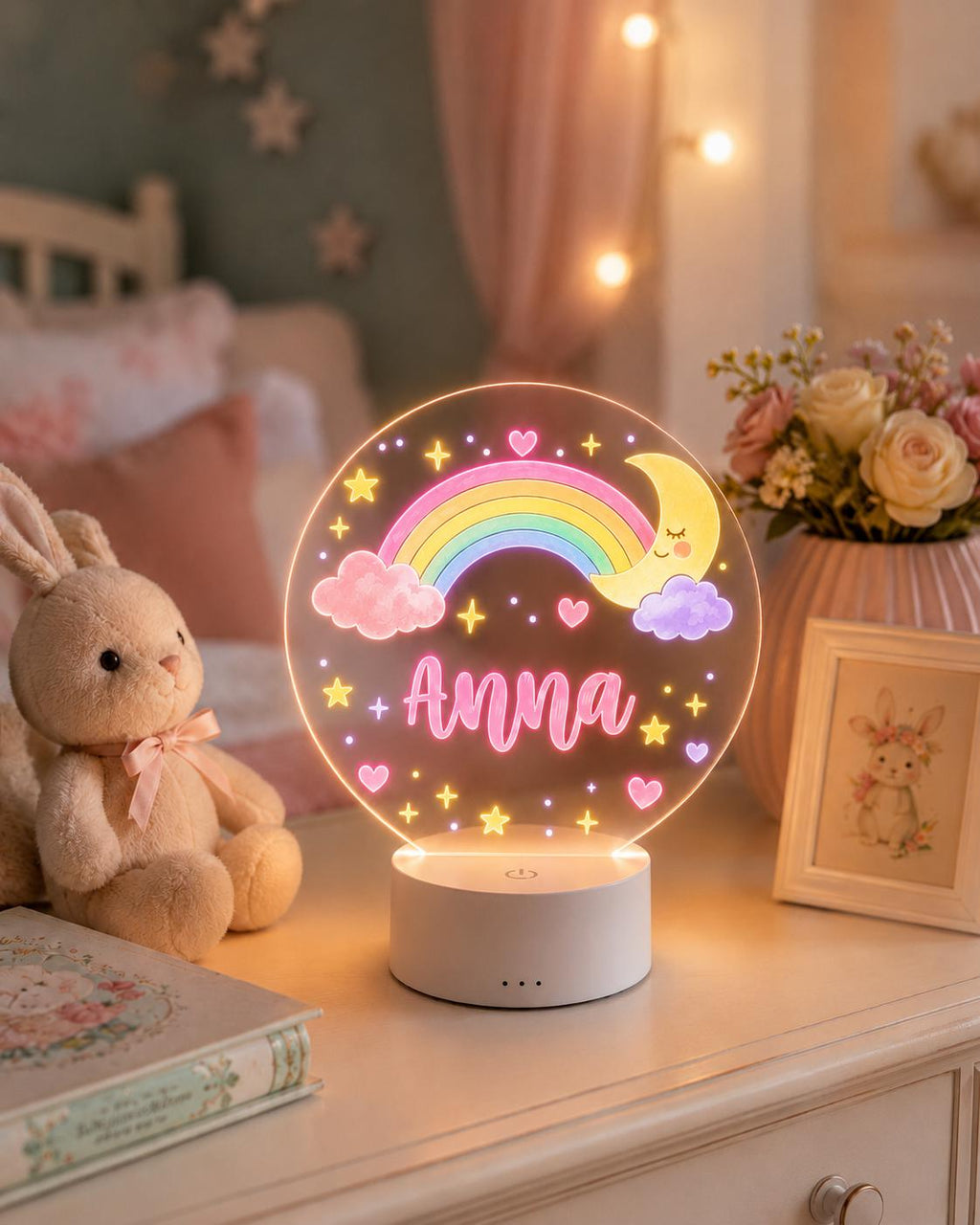 Personalized Baby Night Light, Custom Name Nursery Lamp, Rainbow Moon LED Lamp, Girls Room Decor, Baby Shower Gift, Pink Nursery Decor