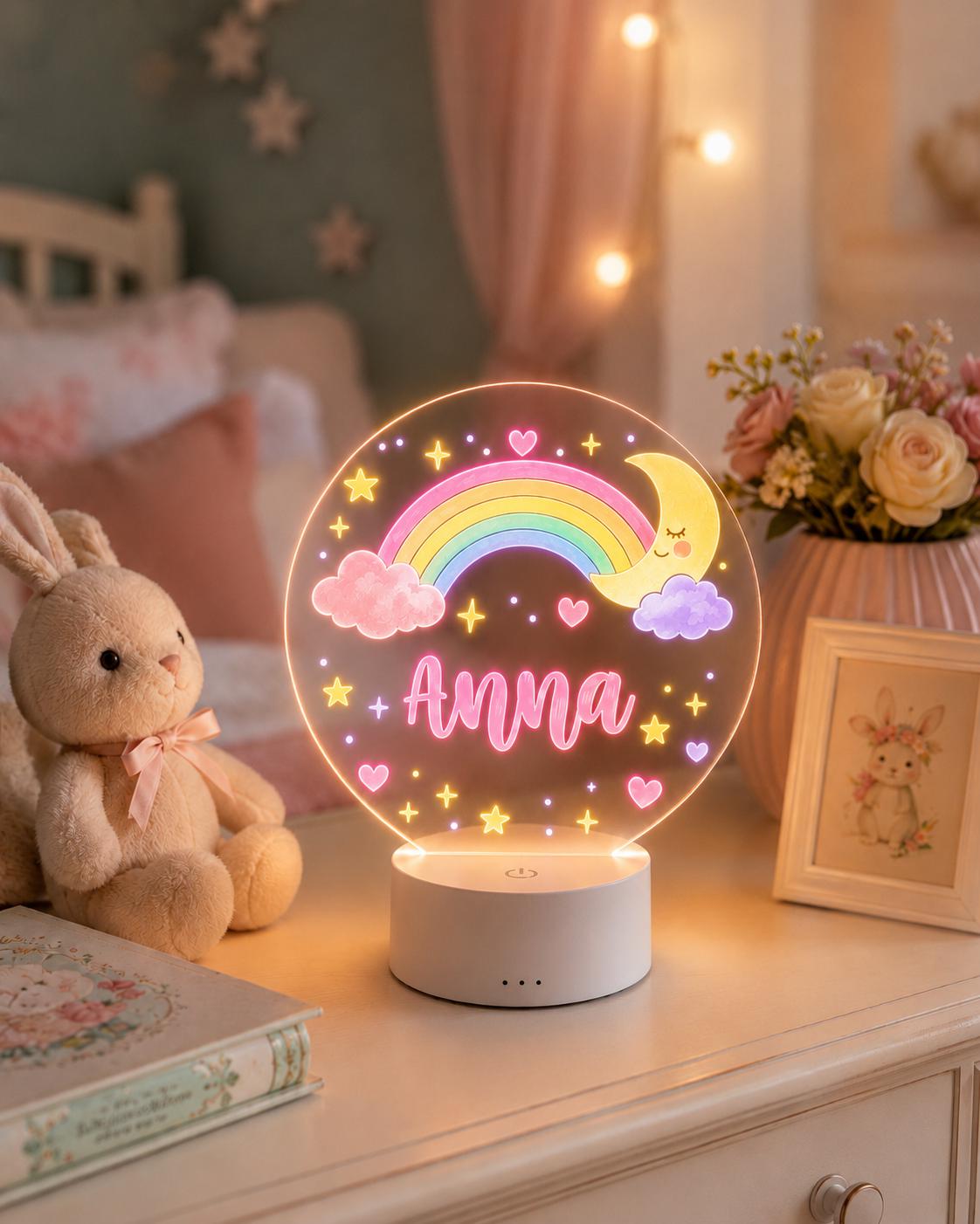 Personalized Baby Night Light, Custom Name Nursery Lamp, Rainbow Moon LED Lamp, Girls Room Decor, Baby Shower Gift, Pink Nursery Decor