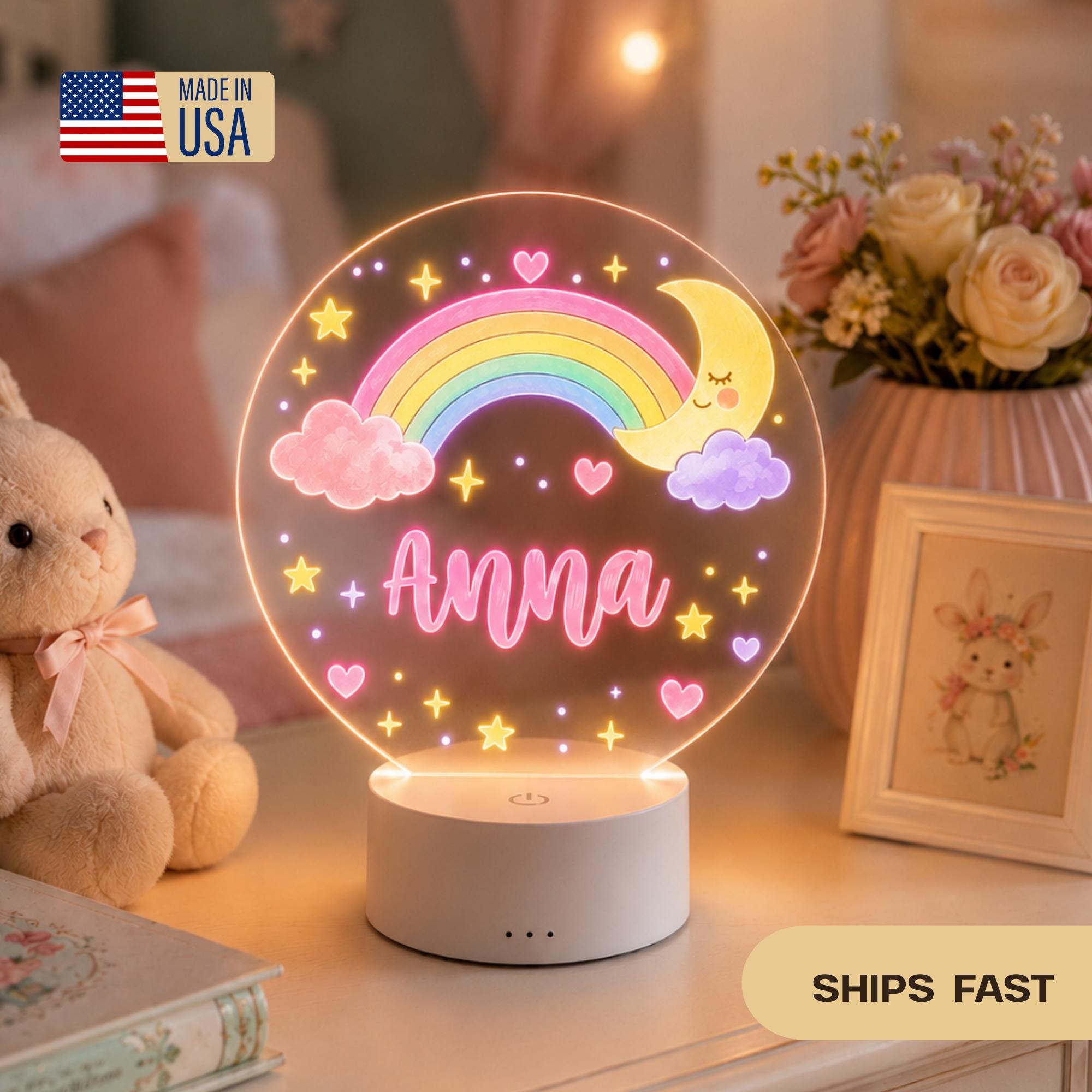 Personalized Baby Night Light, Custom Name Nursery Lamp, Rainbow Moon LED Lamp, Girls Room Decor, Baby Shower Gift, Pink Nursery Decor