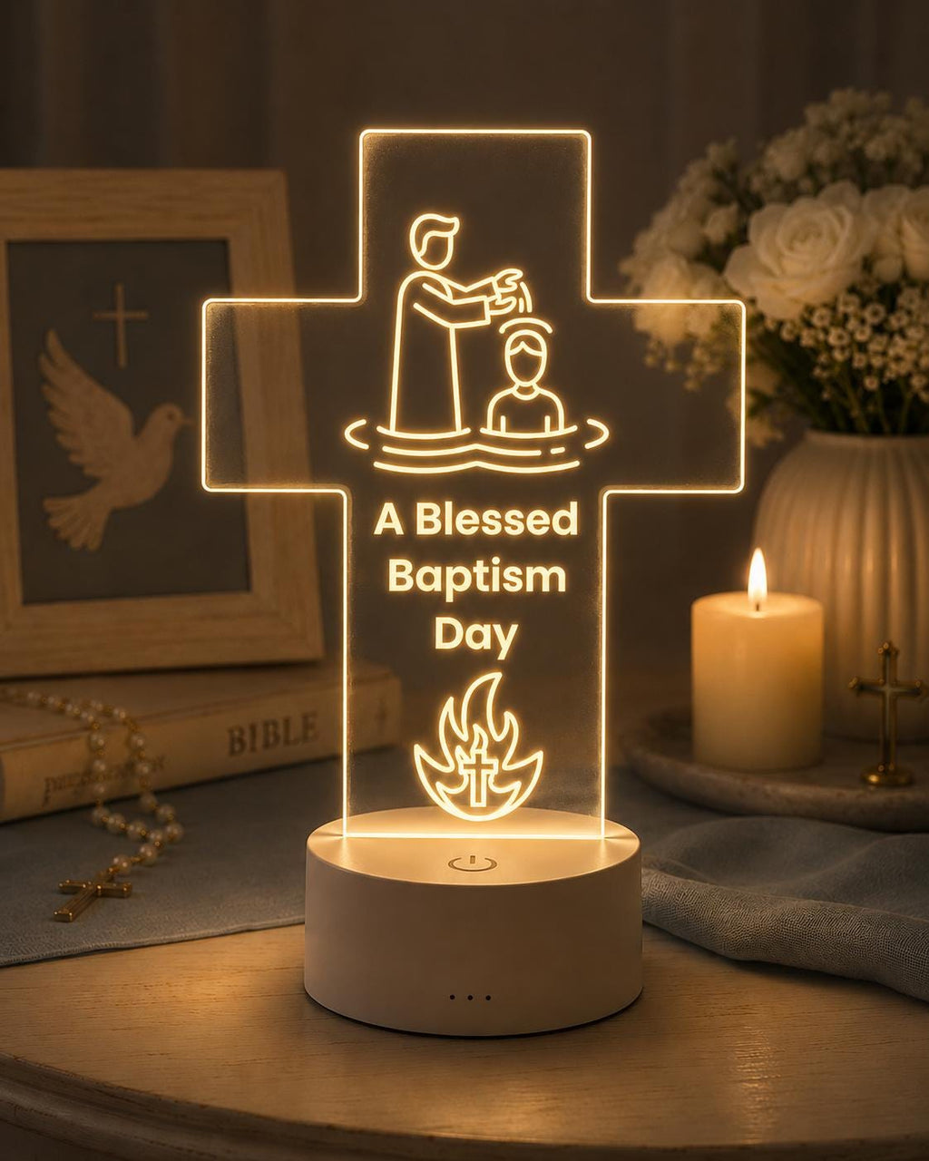 Personalized Christian Cross LED Lamp, Baptism Gift, Religious Night Light, First Communion Decor, Faith Gift for Baby, Godchild Gift