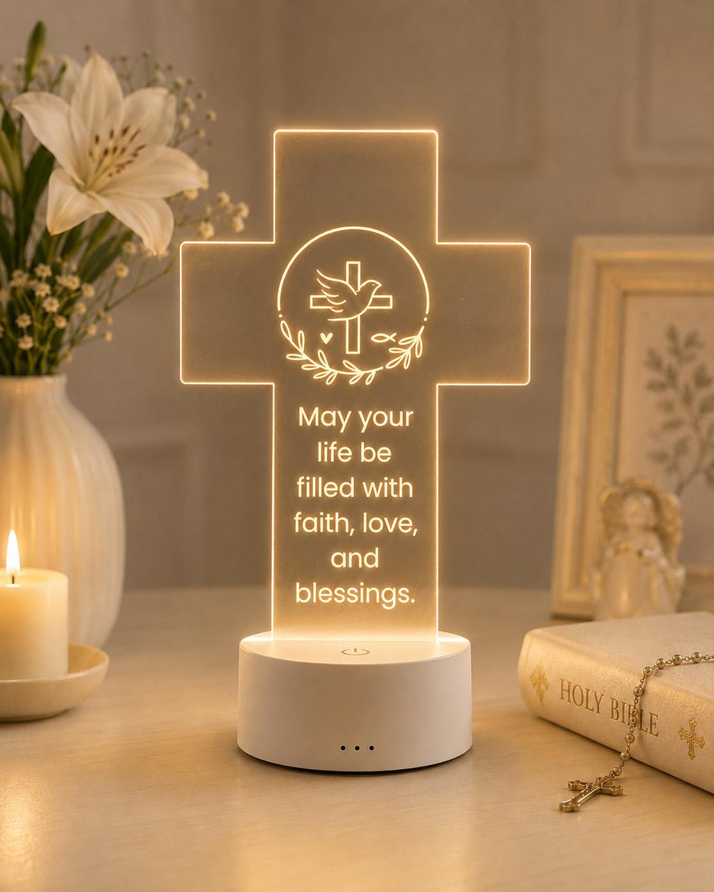 Personalized Christian Cross LED Lamp, Baptism Gift, Religious Night Light, First Communion Decor, Faith Gift for Baby, Godchild Gift