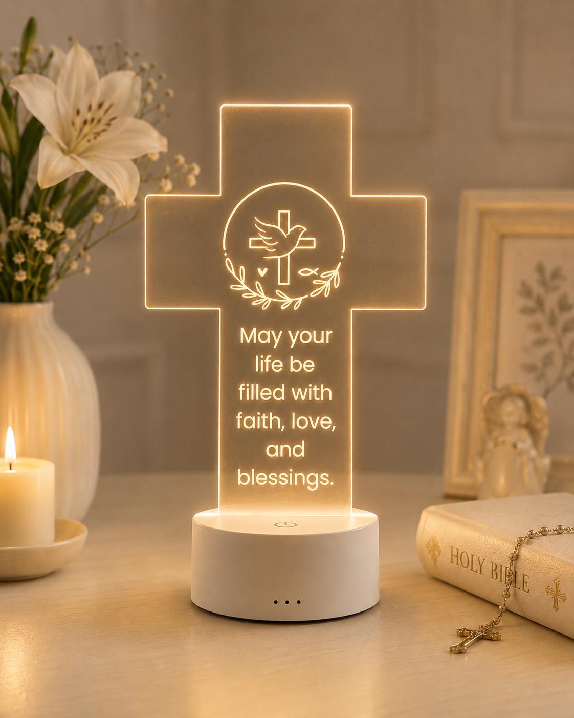 Personalized Christian Cross LED Lamp, Baptism Gift, Religious Night Light, First Communion Decor, Faith Gift for Baby, Godchild Gift
