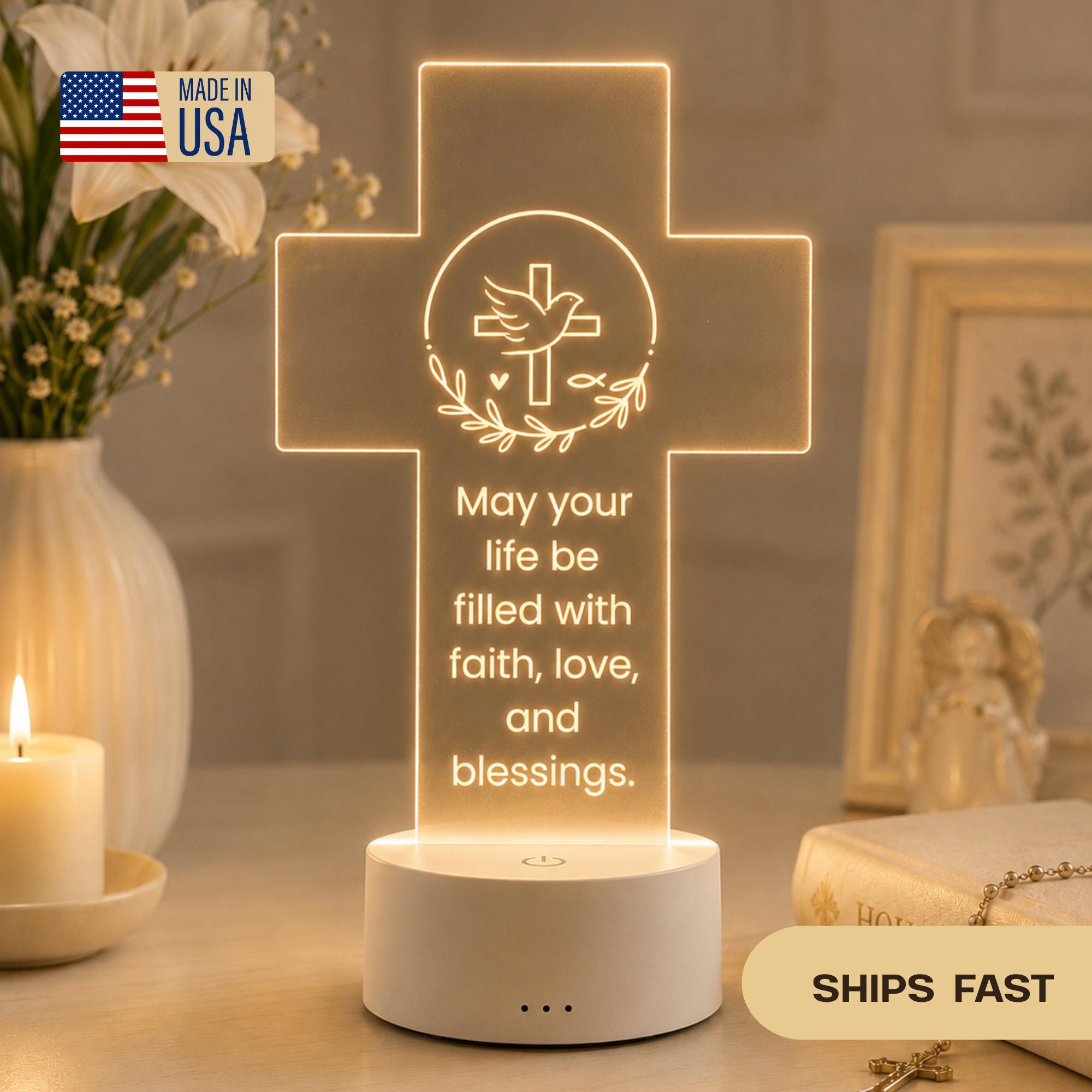 Personalized Christian Cross LED Lamp, Baptism Gift, Religious Night Light, First Communion Decor, Faith Gift for Baby, Godchild Gift