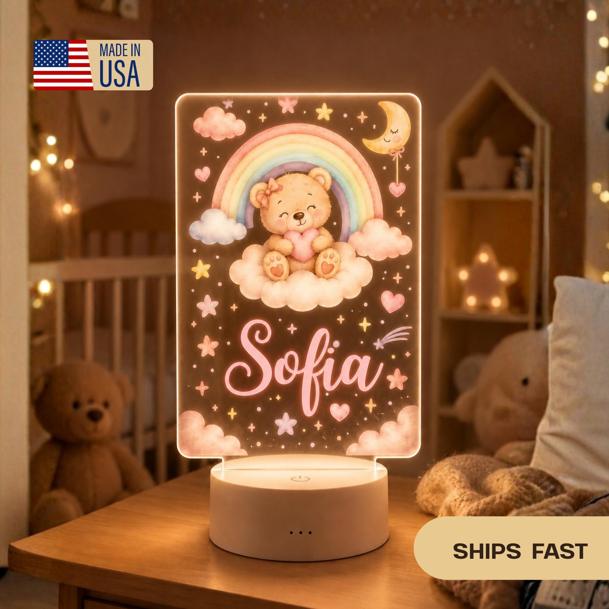 Personalized Teddy Bear Night Light, Custom Name Nursery Lamp, Baby Girl Room Decor, Rainbow Bear LED Lamp, Baby Shower Gift