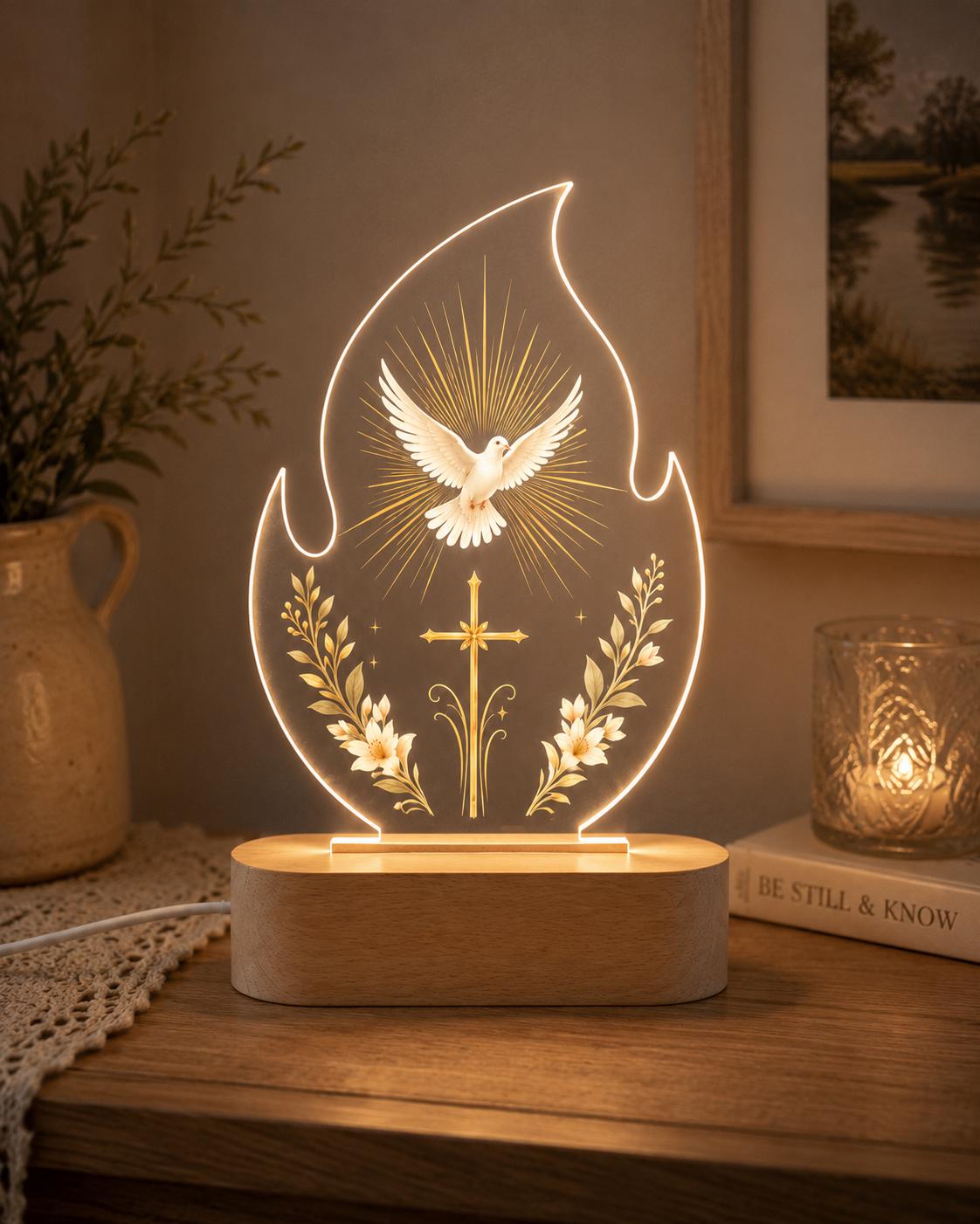 Religious Flame LED Night Light, Holy Spirit Dove Lamp, Christian Acrylic Lamp, Baptism Gift, Faith Decor, Warm White Wooden Base