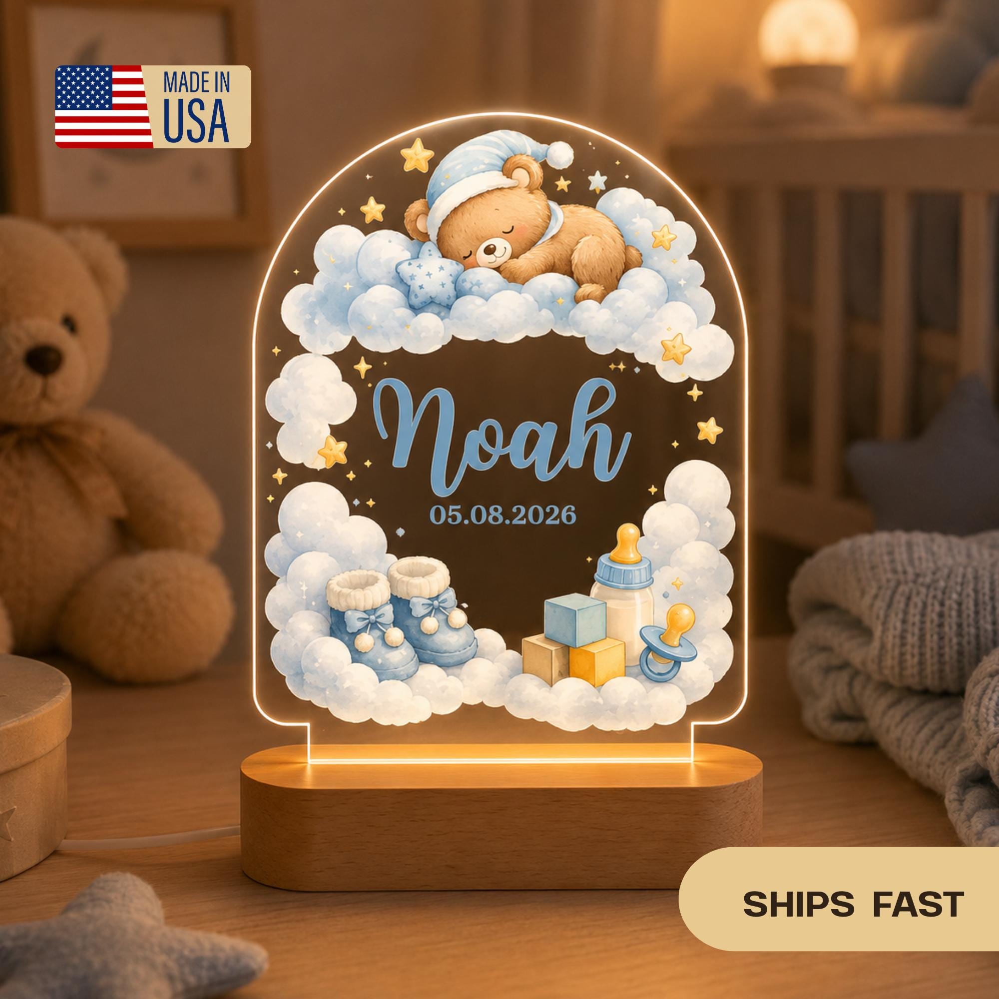 Personalized Baby Boy Night Light, Custom Name Nursery Lamp, Teddy Bear LED Lamp, Baby Shower Gift, Gitf for Baby, Bedroom Decor