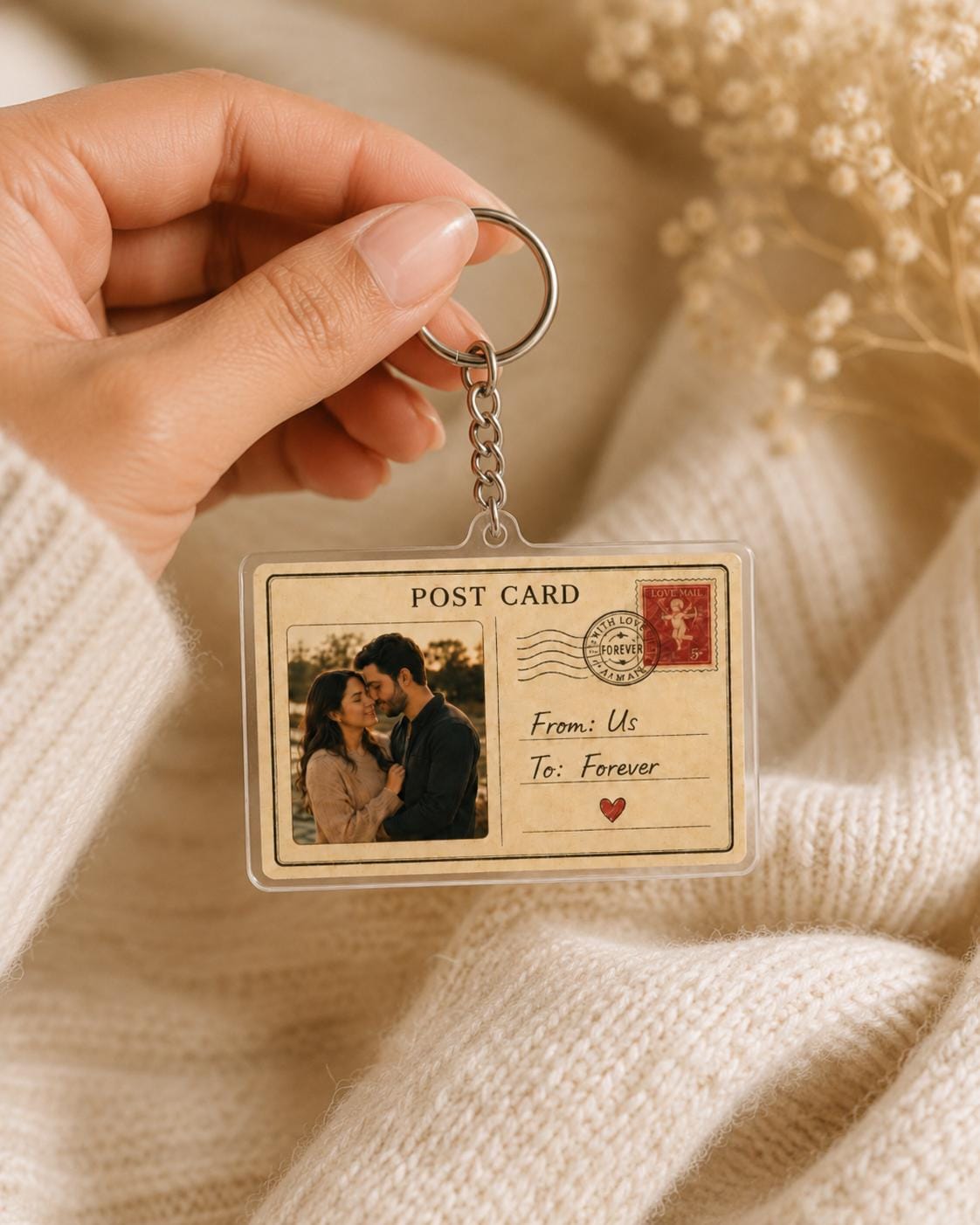 Personalized Photo Postcard Keychain, Custom Couple Gift, Vintage Acrylic Keychain, Anniversary Gift for Him or Her