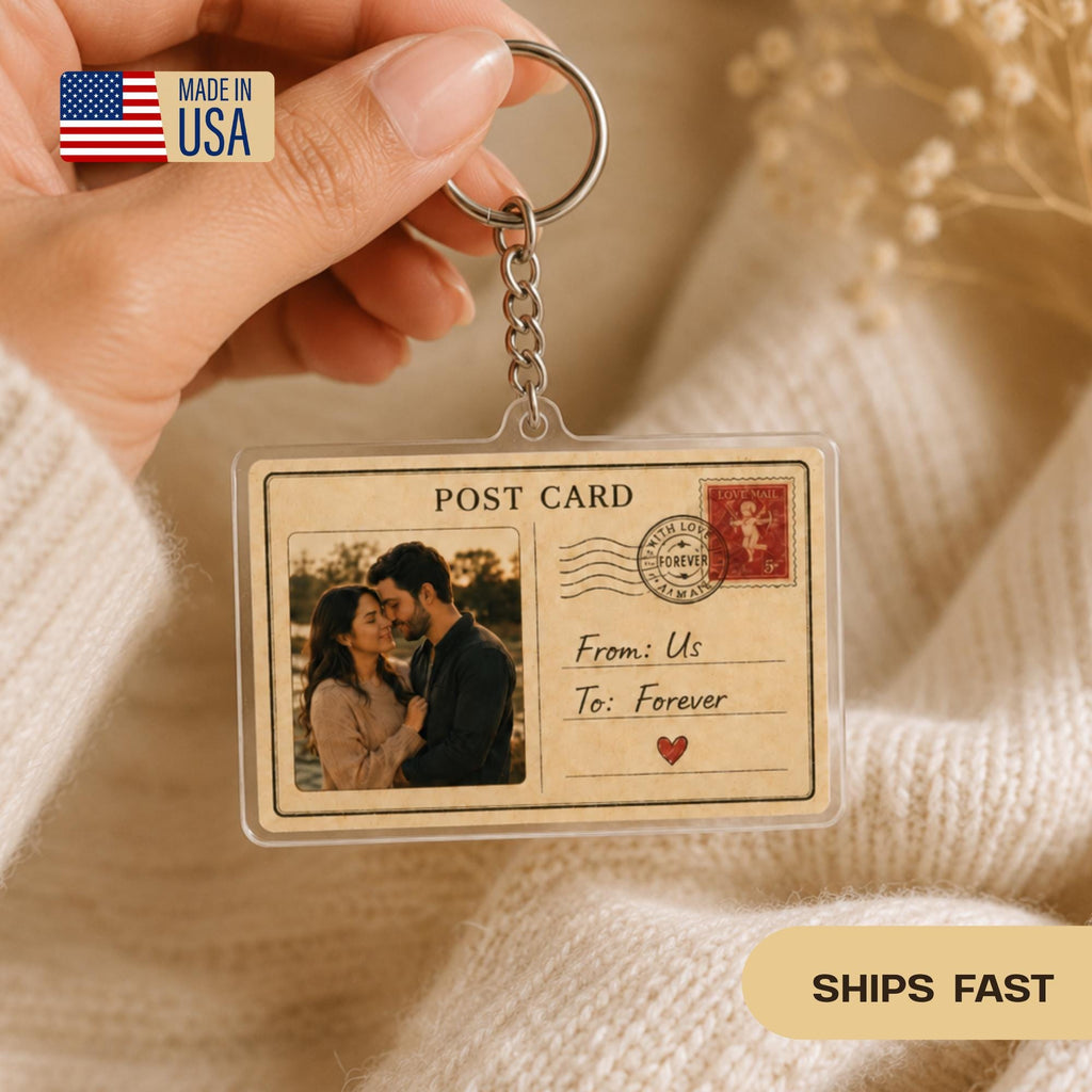 Personalized Photo Postcard Keychain, Custom Couple Gift, Vintage Acrylic Keychain, Anniversary Gift for Him or Her