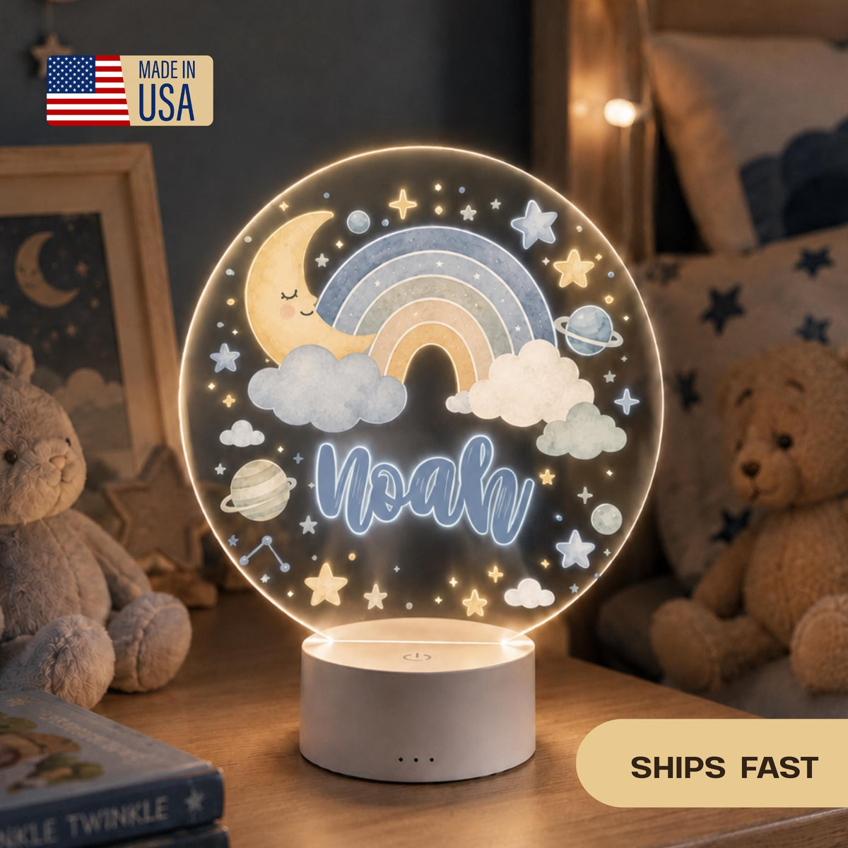 Personalized Baby Night Light, Custom Name Nursery Lamp, Moon Rainbow Stars LED Light, Baby Shower Gift, Kids Room Decor, Newborn Gift