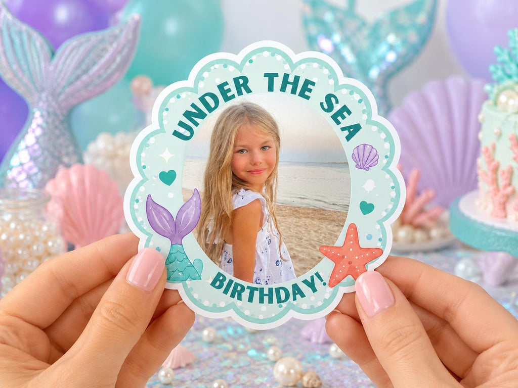Personalized Mermaid Birthday Stickers, Custom Photo Birthday Stickers, Waterproof Stickers,Personalized Party Favors, Personalized Stickers