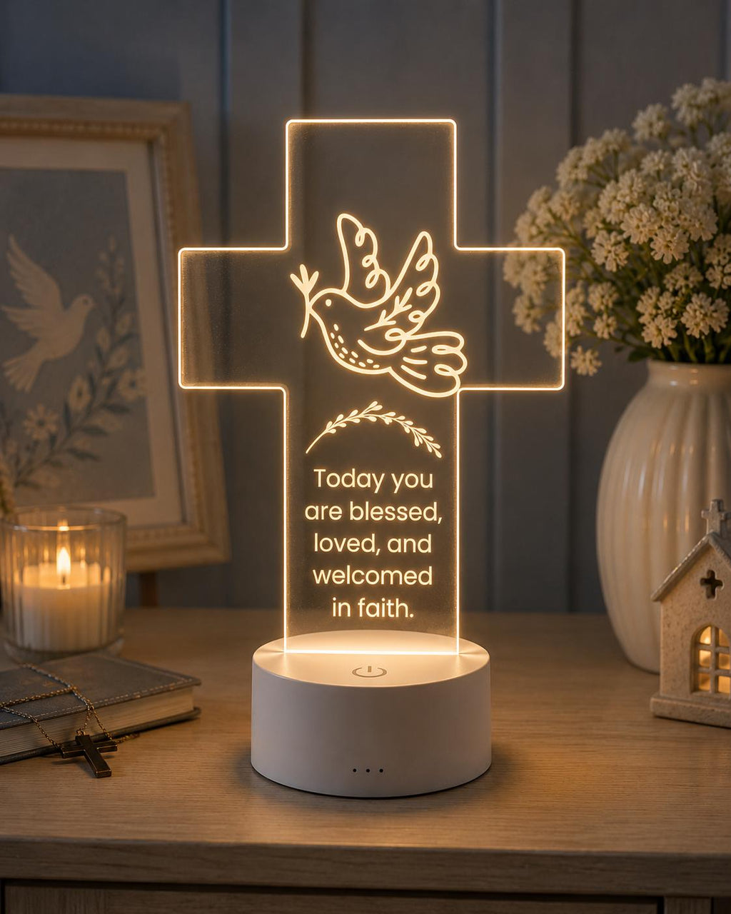 Personalized Christian Cross LED Lamp, Baptism Gift, Religious Night Light, First Communion Decor, Faith Gift for Baby, Godchild Gift