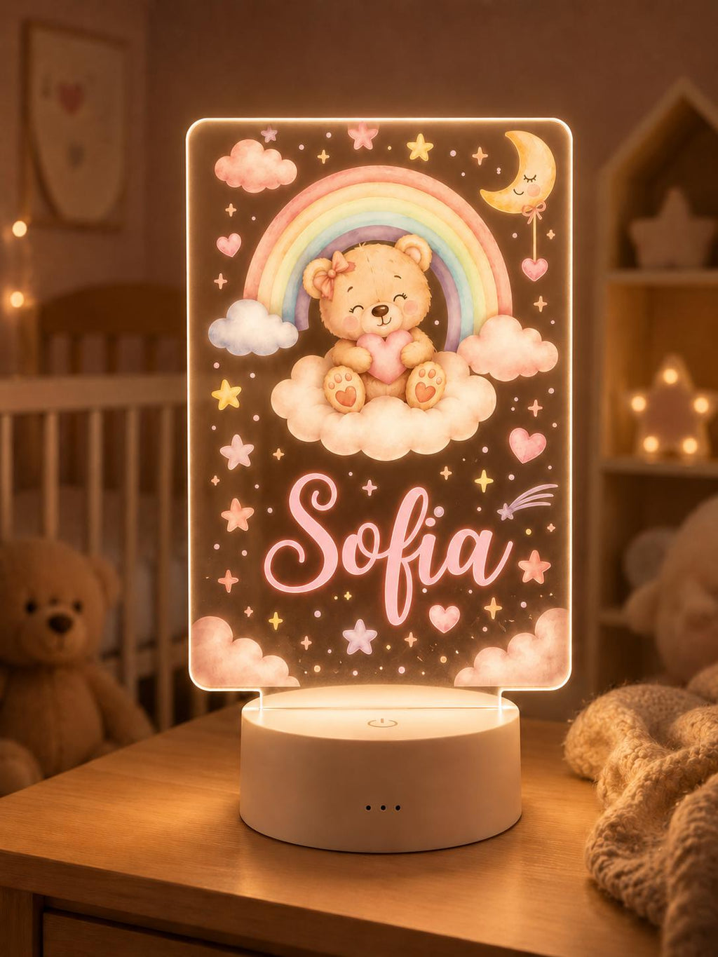 Personalized Teddy Bear Night Light, Custom Name Nursery Lamp, Baby Girl Room Decor, Rainbow Bear LED Lamp, Baby Shower Gift