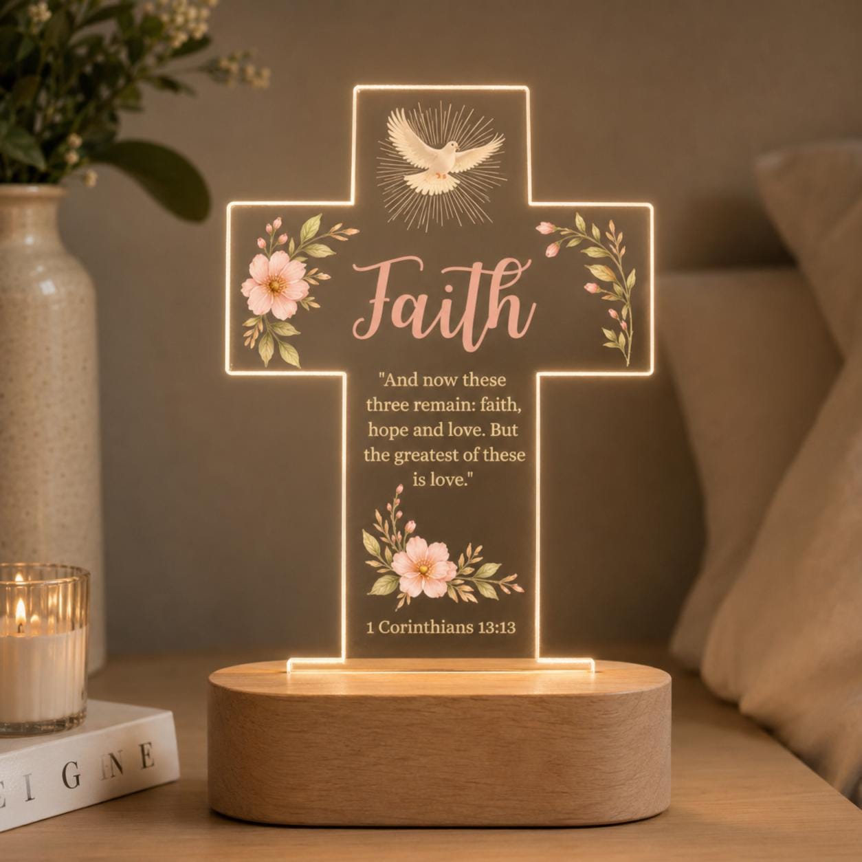 Christian Cross LED Night Light, Faith Hope Love Lamp, 1 Corinthians 13:13 Religious Gift, Baptism Gift, Warm White Decor, Gitf for Her