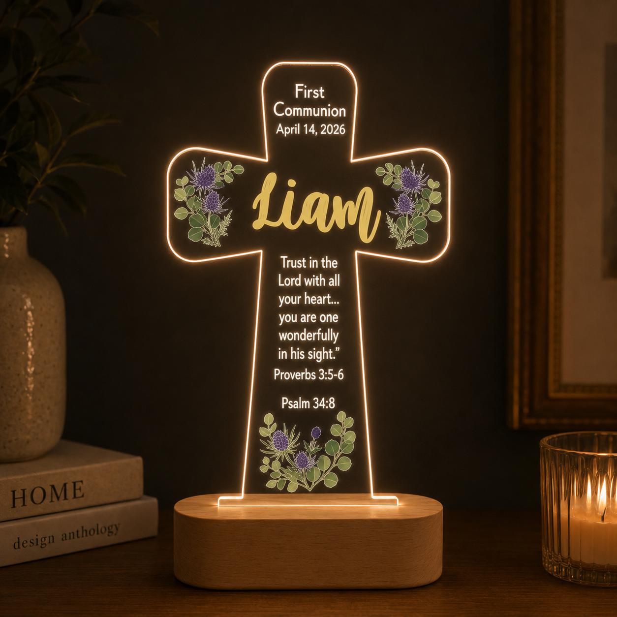 Personalized First Communion Cross Lamp, Custom Name LED Night Light, Religious Gift for Girl or Boy, Holy Communion Keepsake