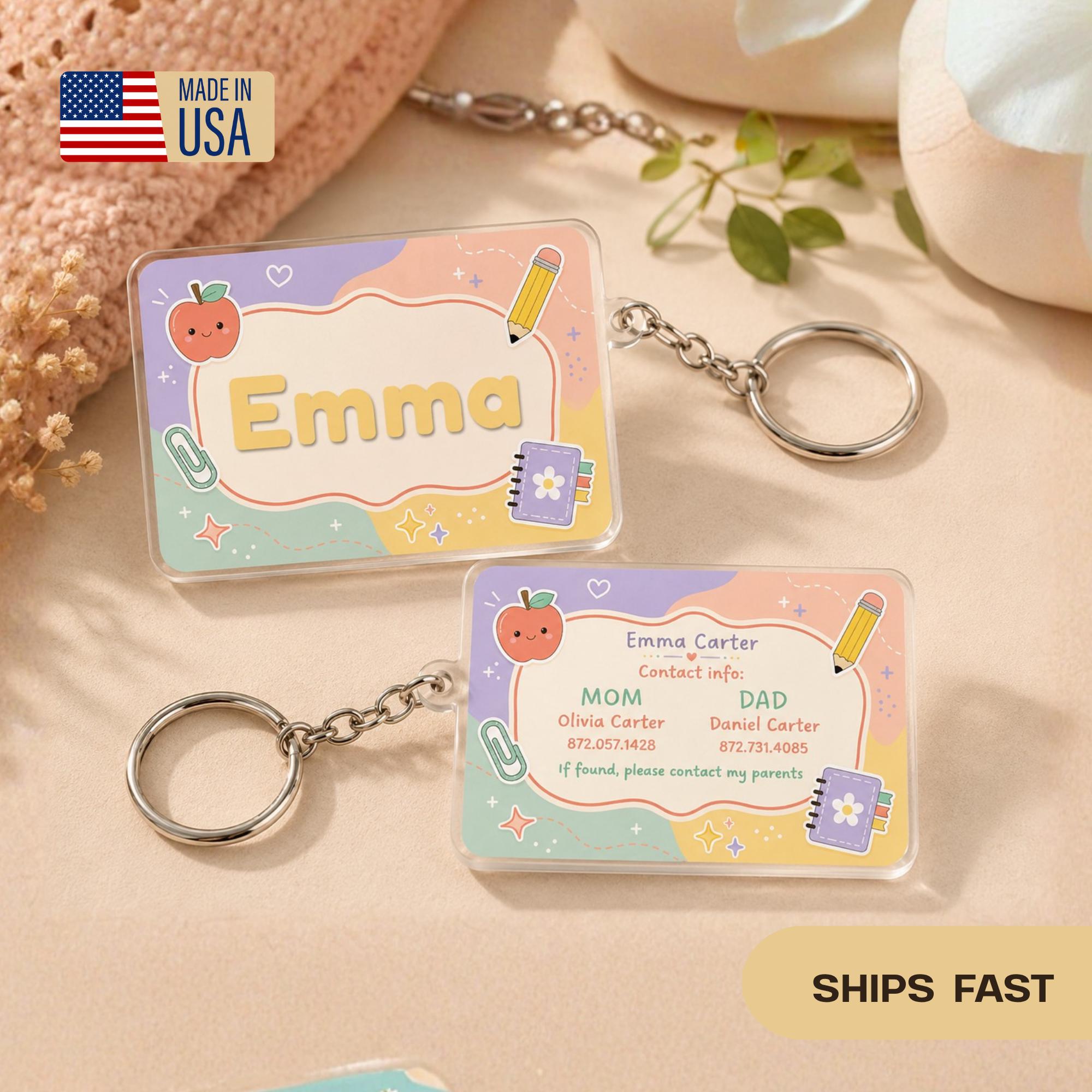 Personalized Kids Backpack Tag, Custom Name Keychain, School Bag ID Tag, Emergency Contact Tag, Acrylic Backpack Charm for Kids