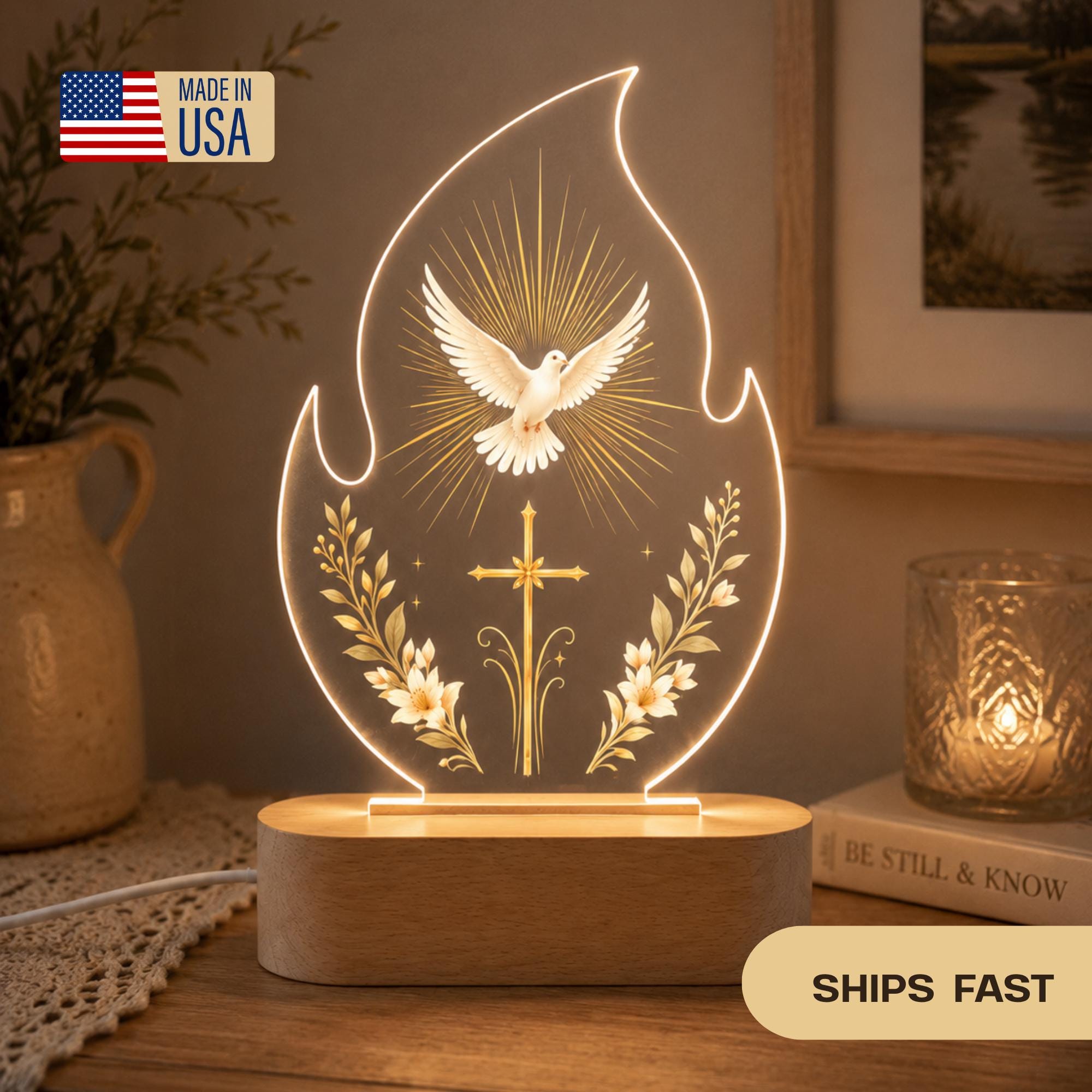 Religious Flame LED Night Light, Holy Spirit Dove Lamp, Christian Acrylic Lamp, Baptism Gift, Faith Decor, Warm White Wooden Base