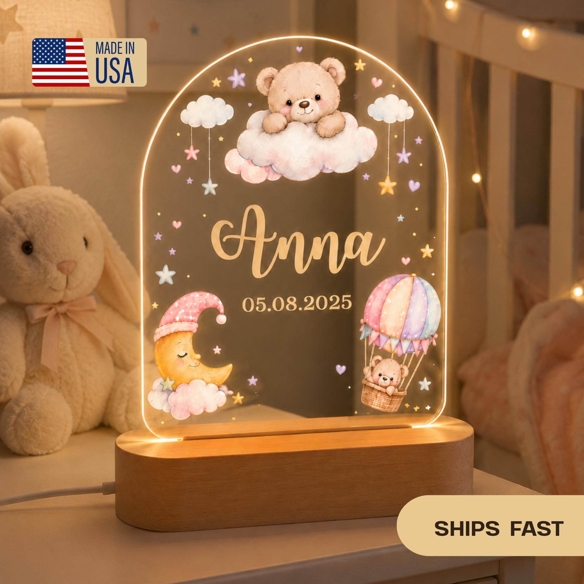 Personalized Baby Night Light, Custom Name Nursery Lamp, Teddy Bear LED Lamp, Baby Girl Gift, Birth Date Keepsake, Bedroom Decor