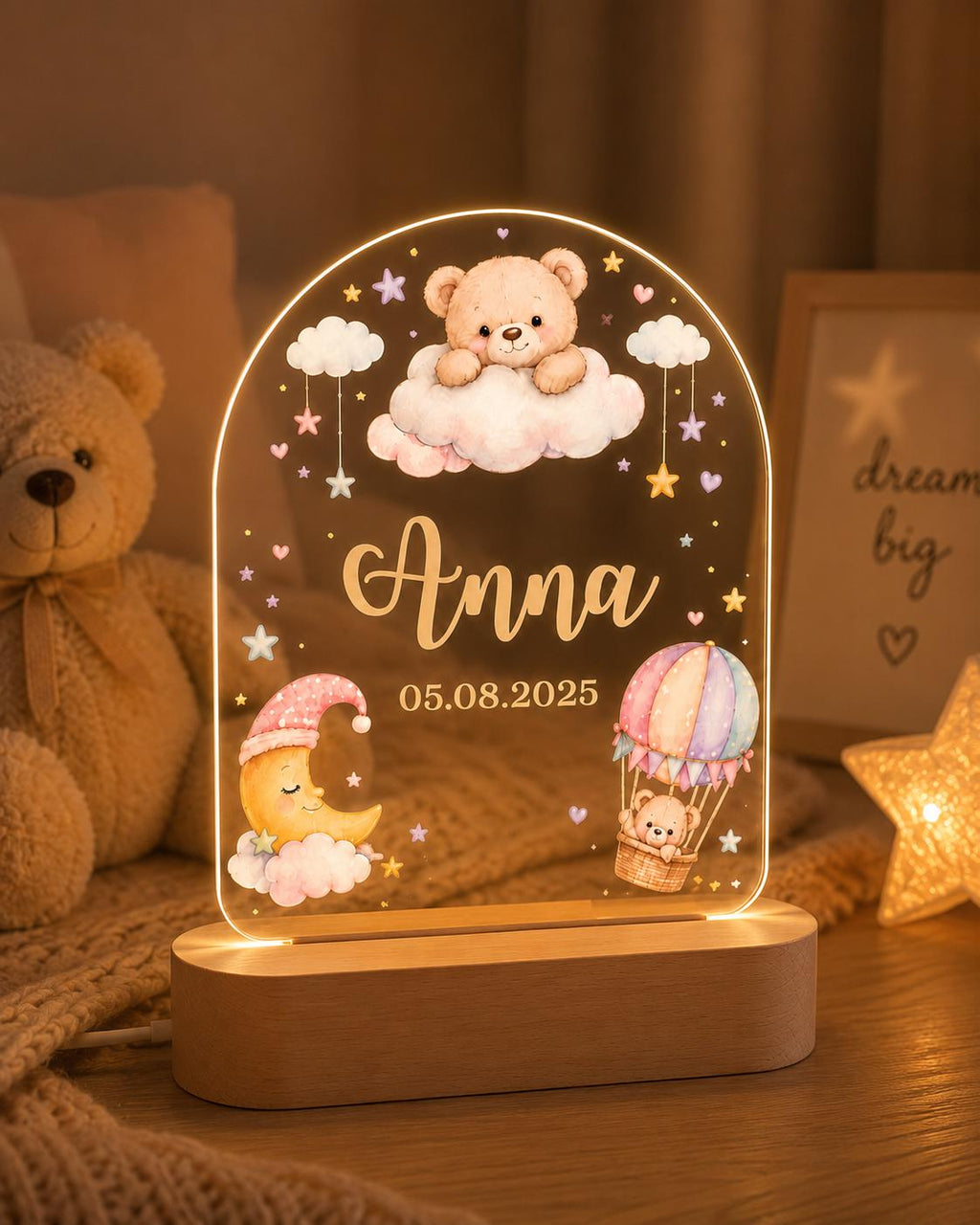 Personalized Baby Night Light, Custom Name Nursery Lamp, Teddy Bear LED Lamp, Baby Girl Gift, Birth Date Keepsake, Bedroom Decor