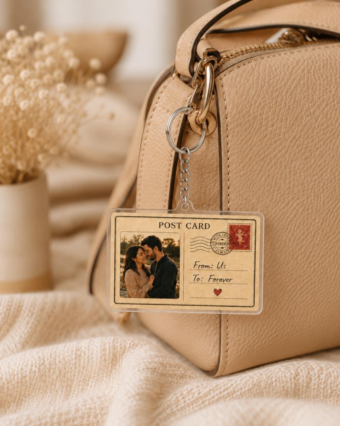 Personalized Photo Postcard Keychain, Custom Couple Gift, Vintage Acrylic Keychain, Anniversary Gift for Him or Her